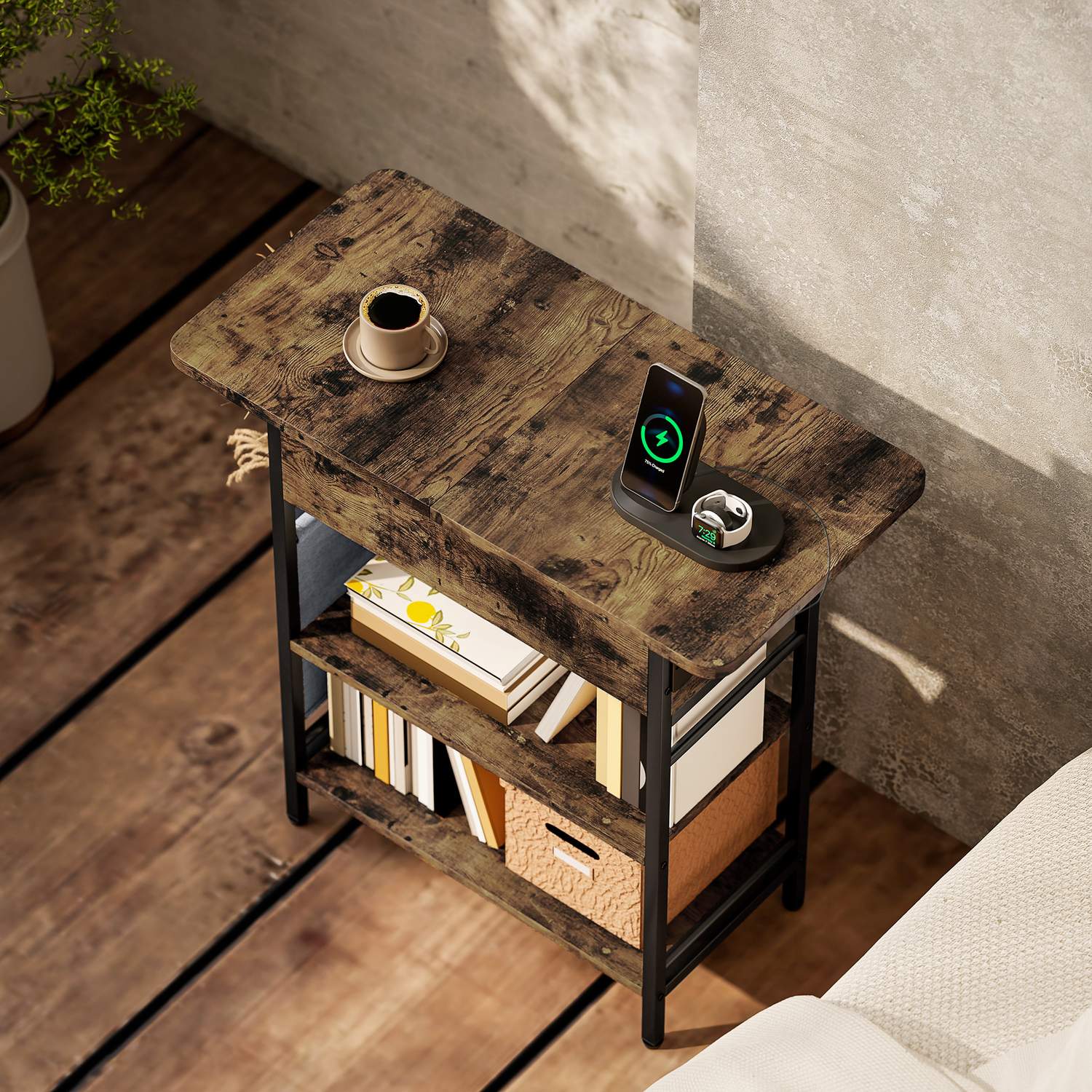Sidobord med grenuttag, USB-portar, 2-lagers lagring, rustik brun