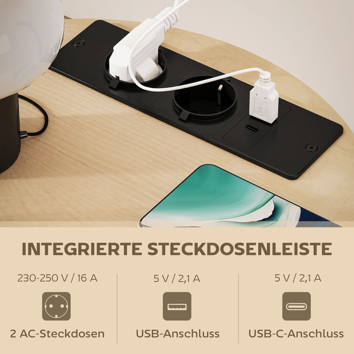 Sidobord med laddningsstation, förvaring i 3 nivåer, naturträ