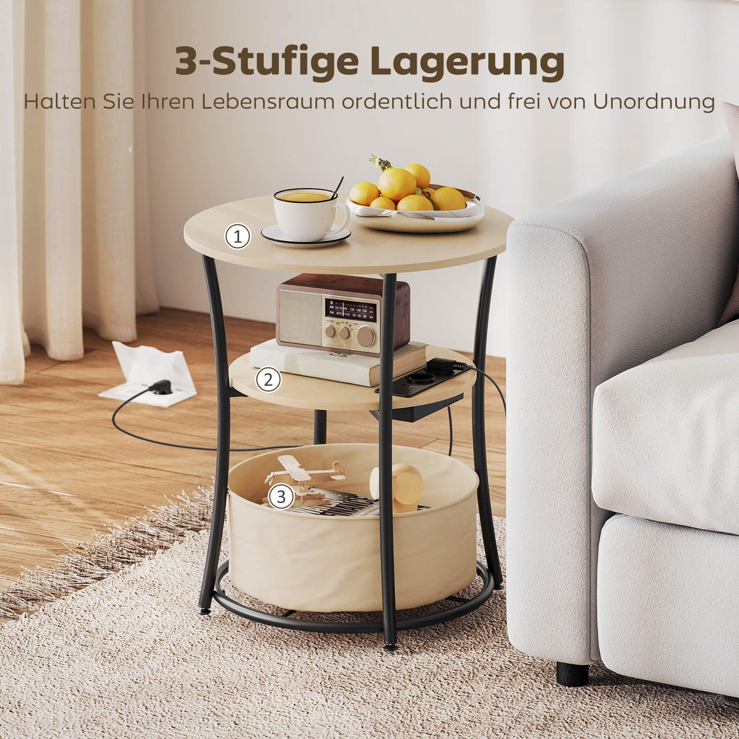 Sidobord med laddningsstation, förvaring i 3 nivåer, naturträ
