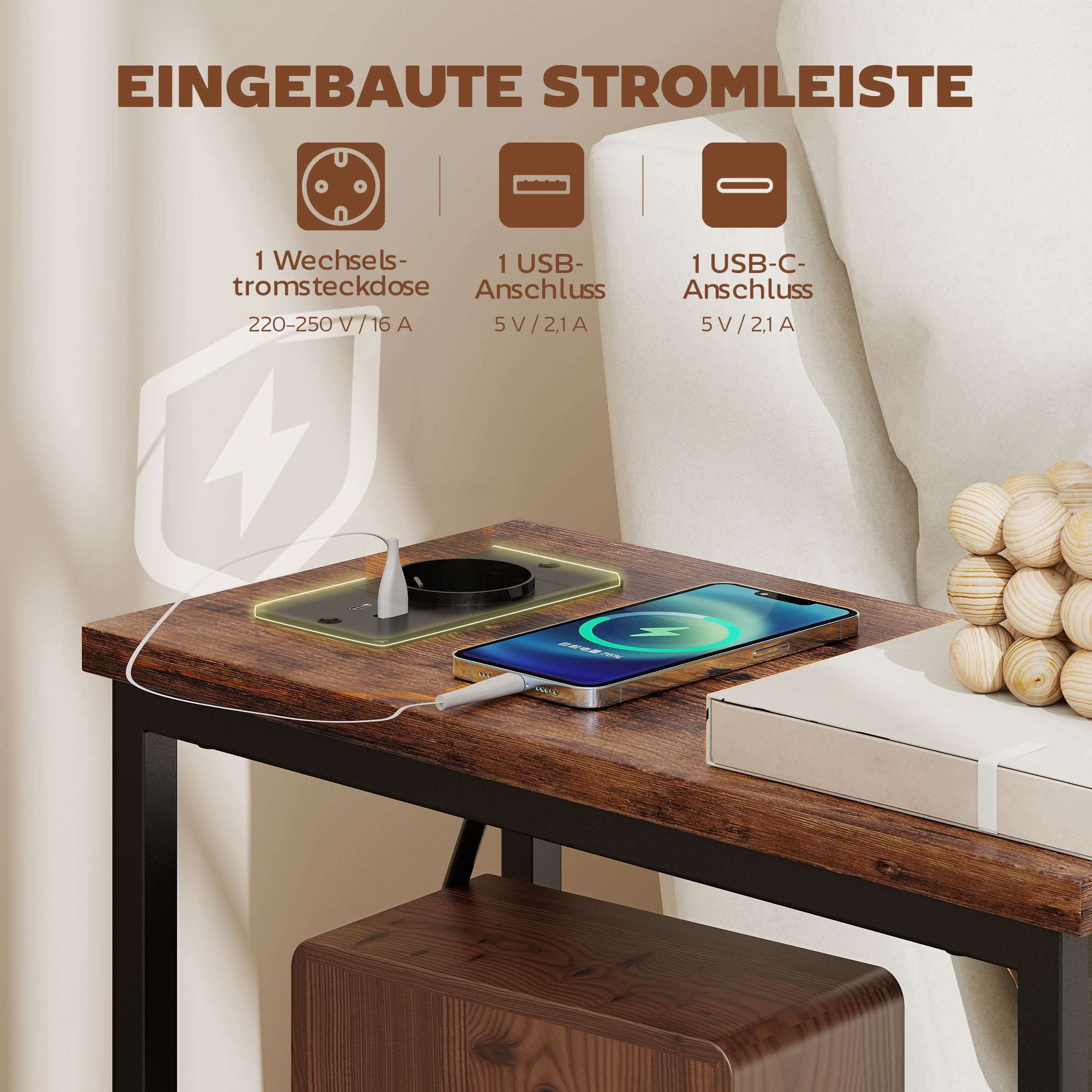 Sidobord med laddningsstation, stålram, 2 tyglådor