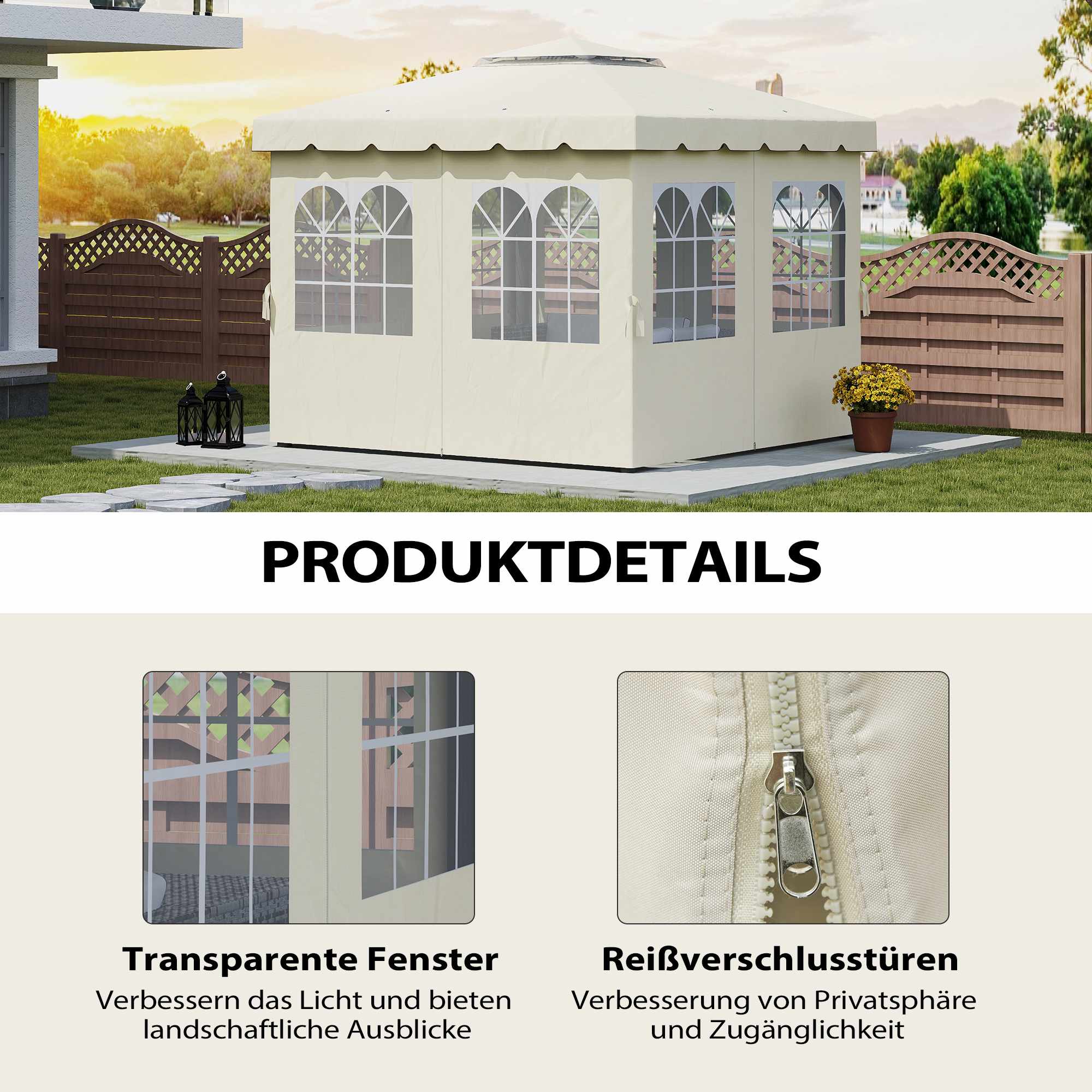 Sidopaneler till paviljong, 4-pack, 3x3m, krämfärgade, UV- och vattenbeständiga