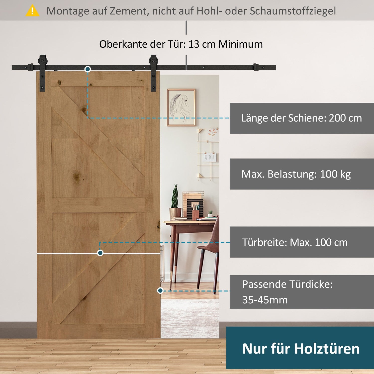 Skjutdörrsbeslagssats, 200 cm, Kolstål, Svart