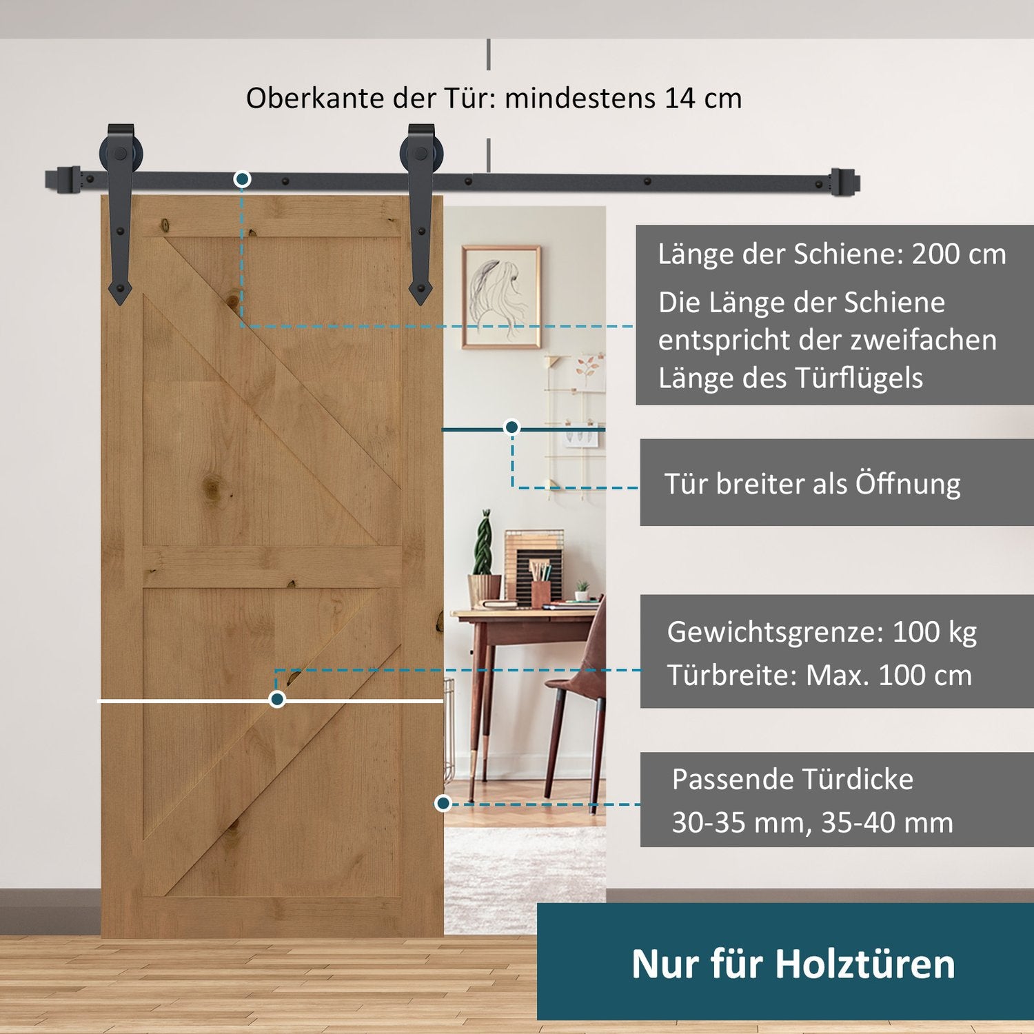 Skjutdörrsbeslagssats, kolstål, 200 cm, brun