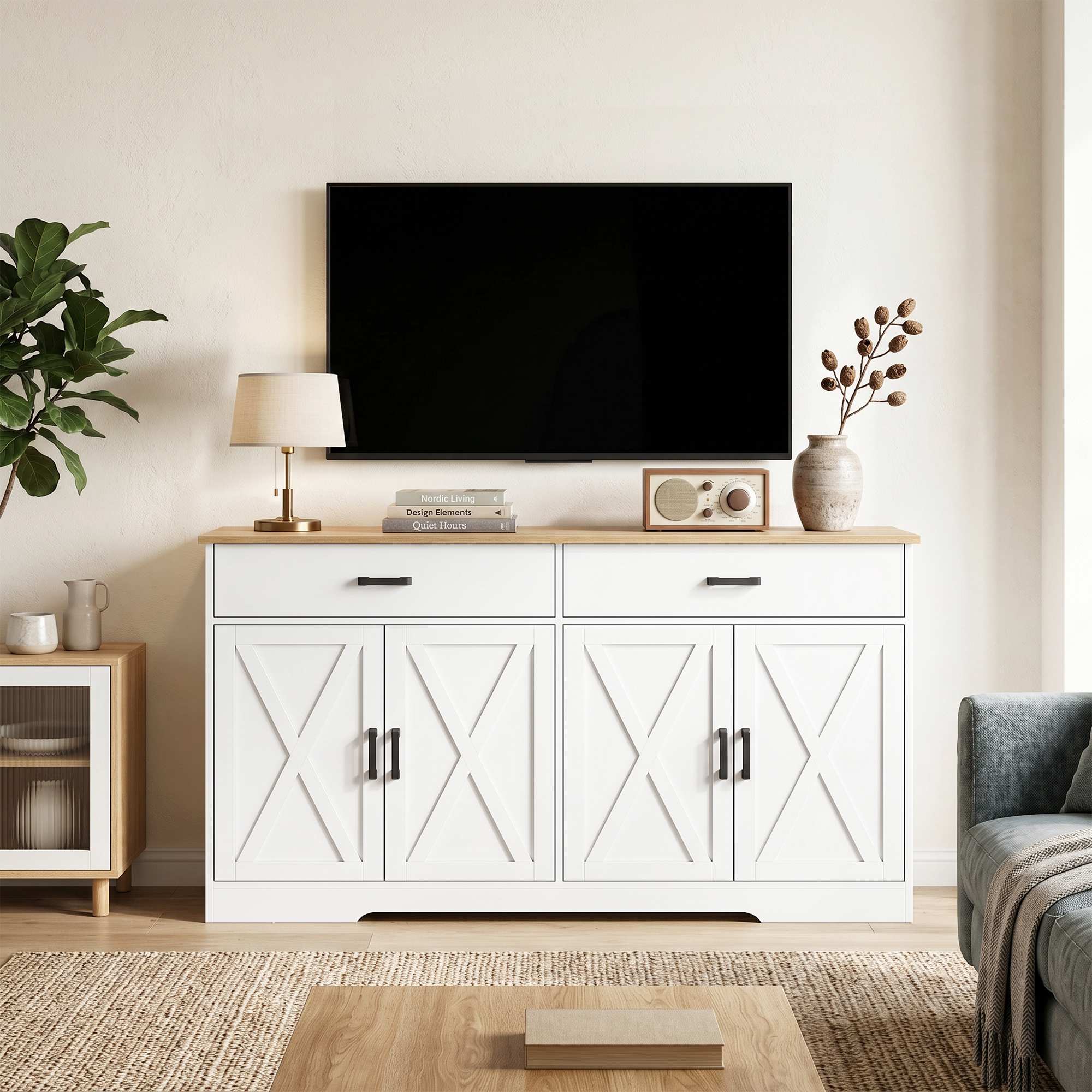 Skänk i lantlig stil, buffé, 140 cm, 2 lådor, vit