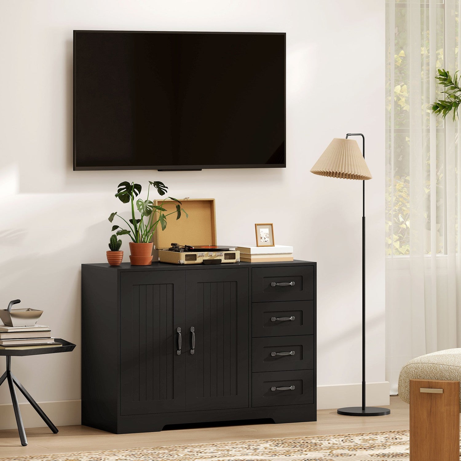 Skänk, modern stil, 4 lådor, 1 skåp, svart