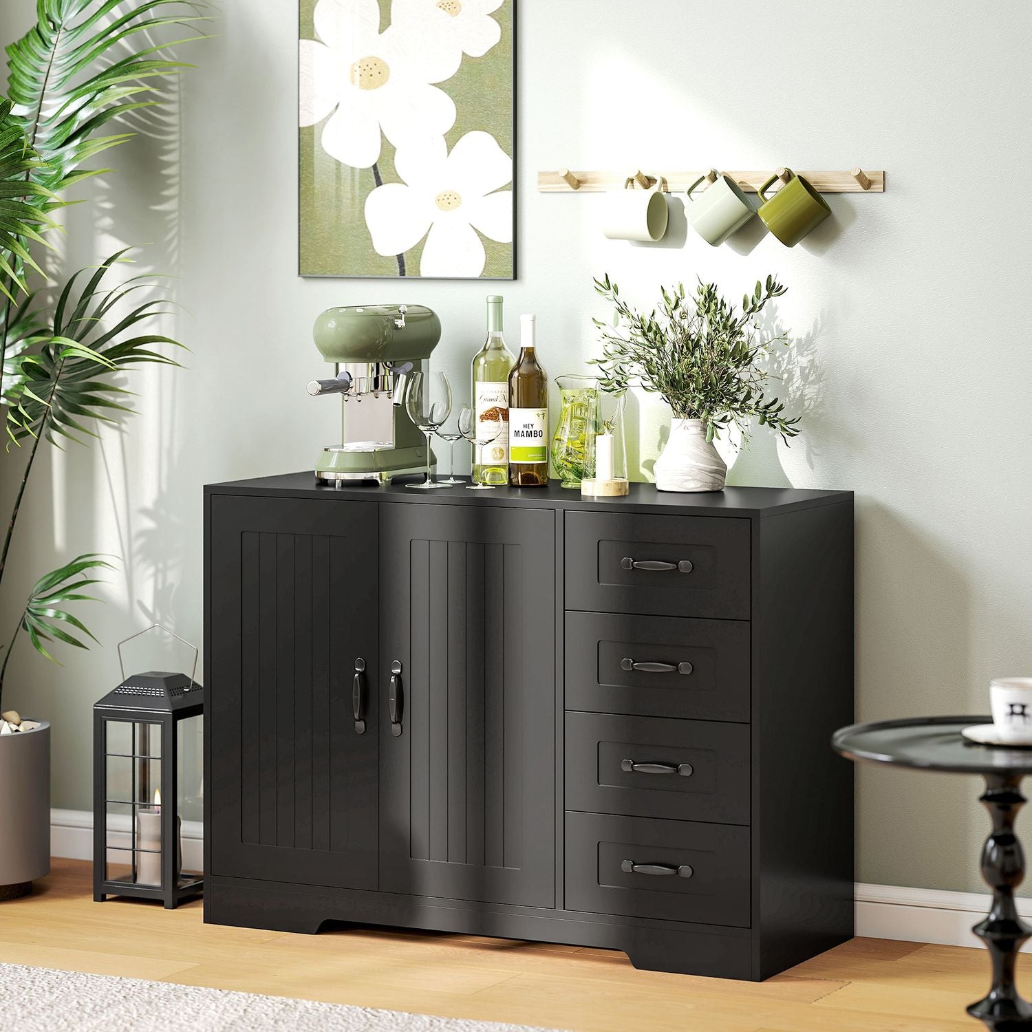 Skänk, modern stil, 4 lådor, 1 skåp, svart