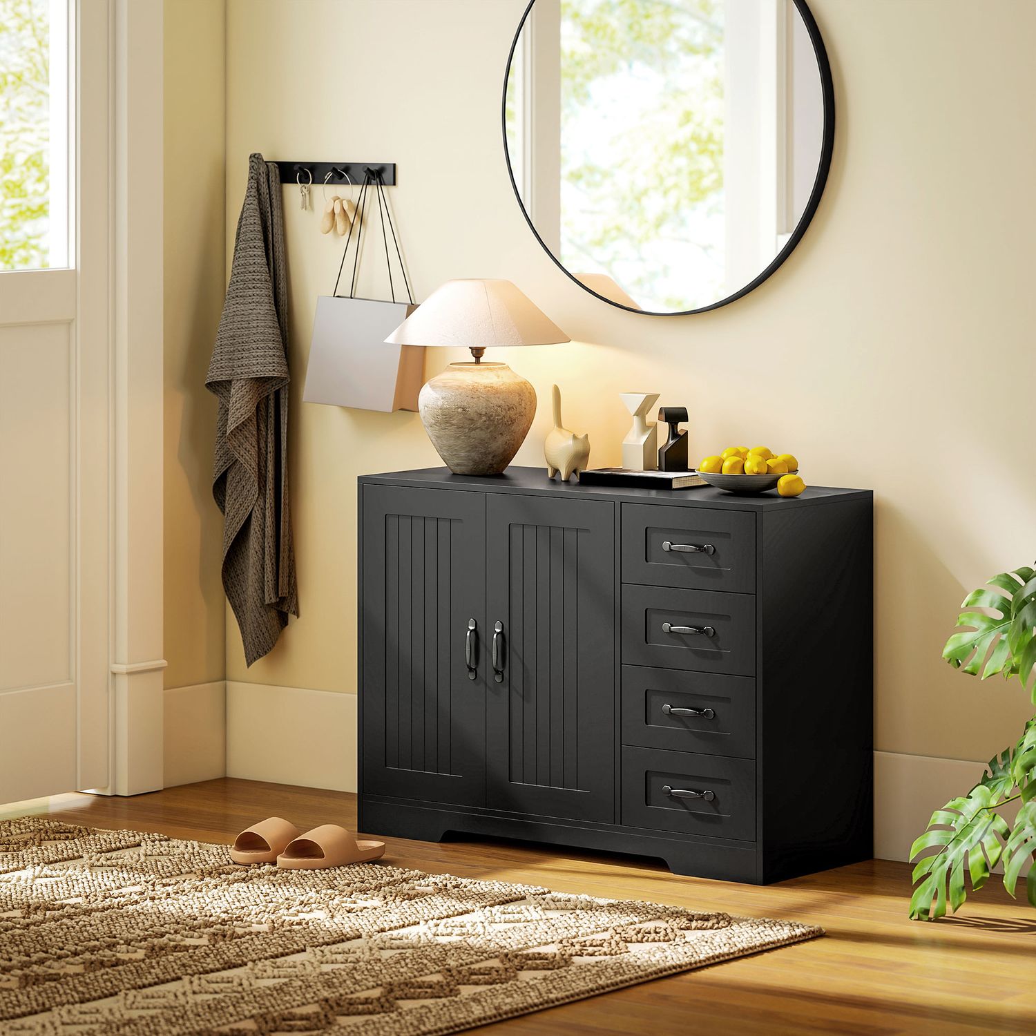 Skänk, modern stil, 4 lådor, 1 skåp, svart