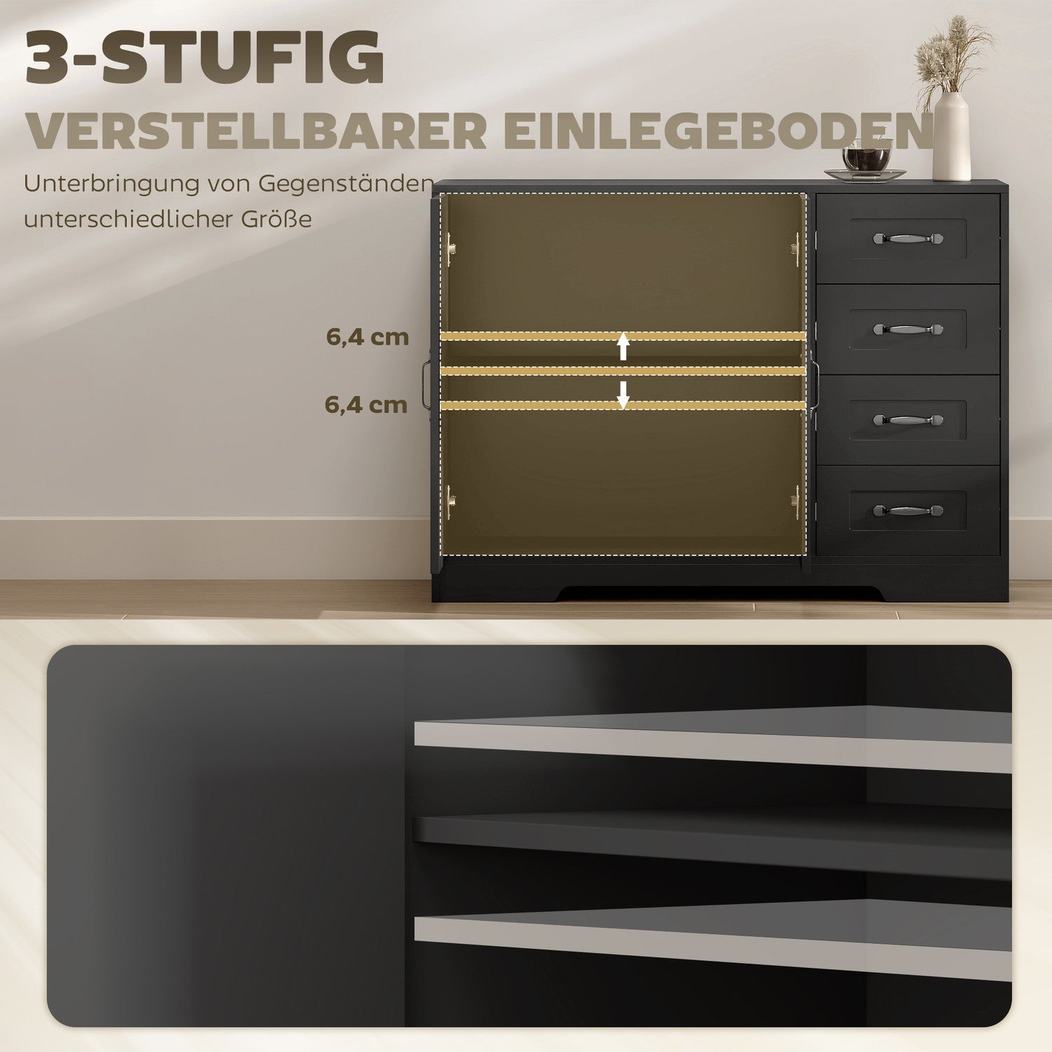Skänk, modern stil, 4 lådor, 1 skåp, svart