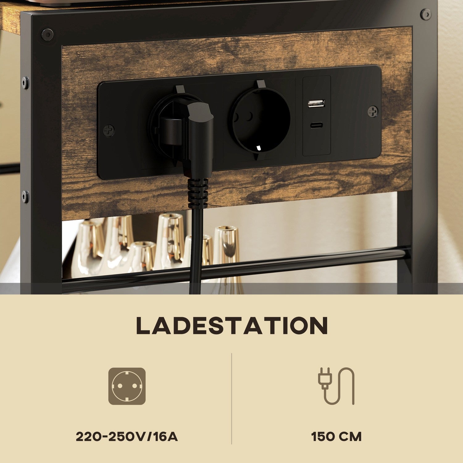 Skrivarstativ med hjul, uttag, USB och USB-C, 40 kg kapacitet
