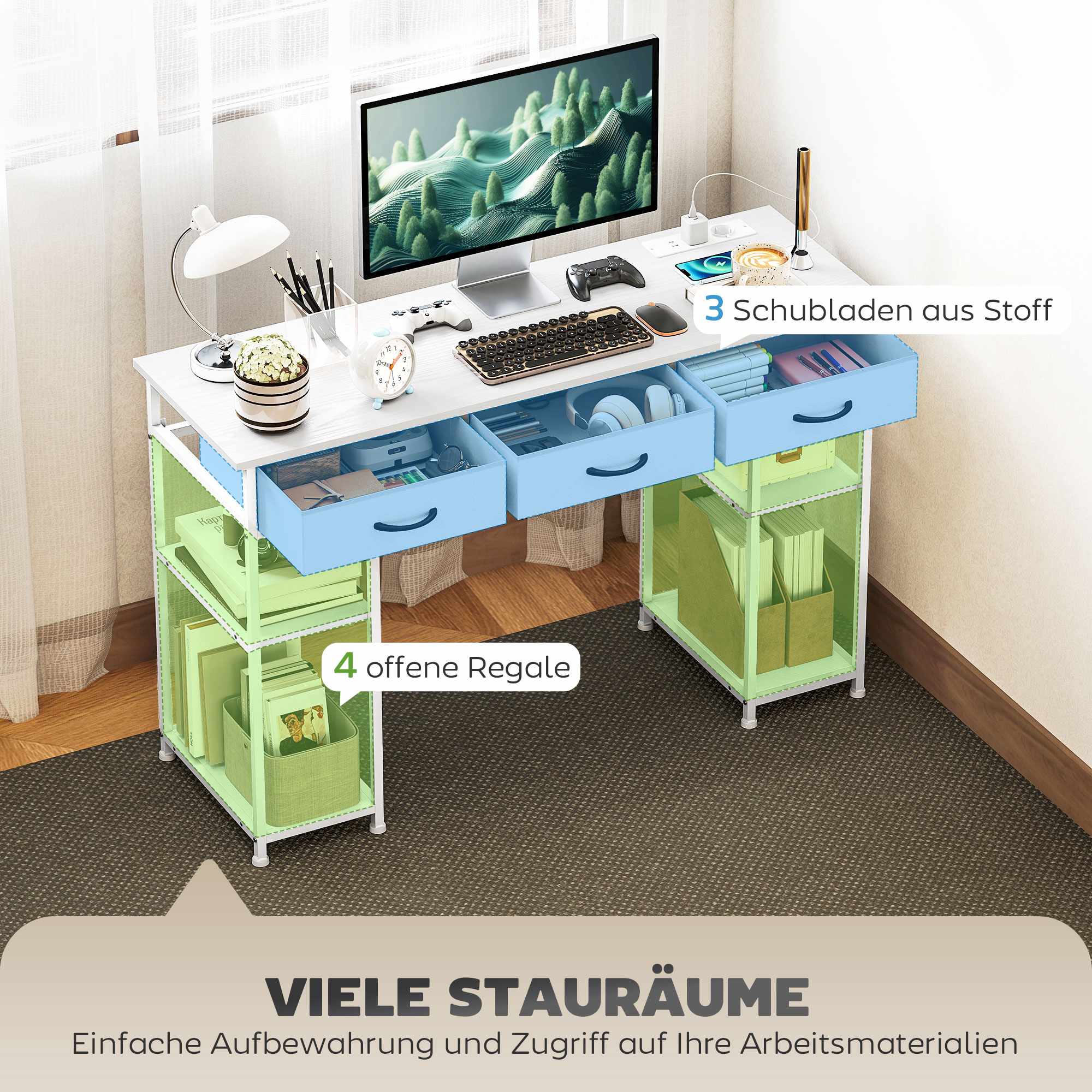 Skrivbord med laddningsstation, förvaringslådor och hyllor