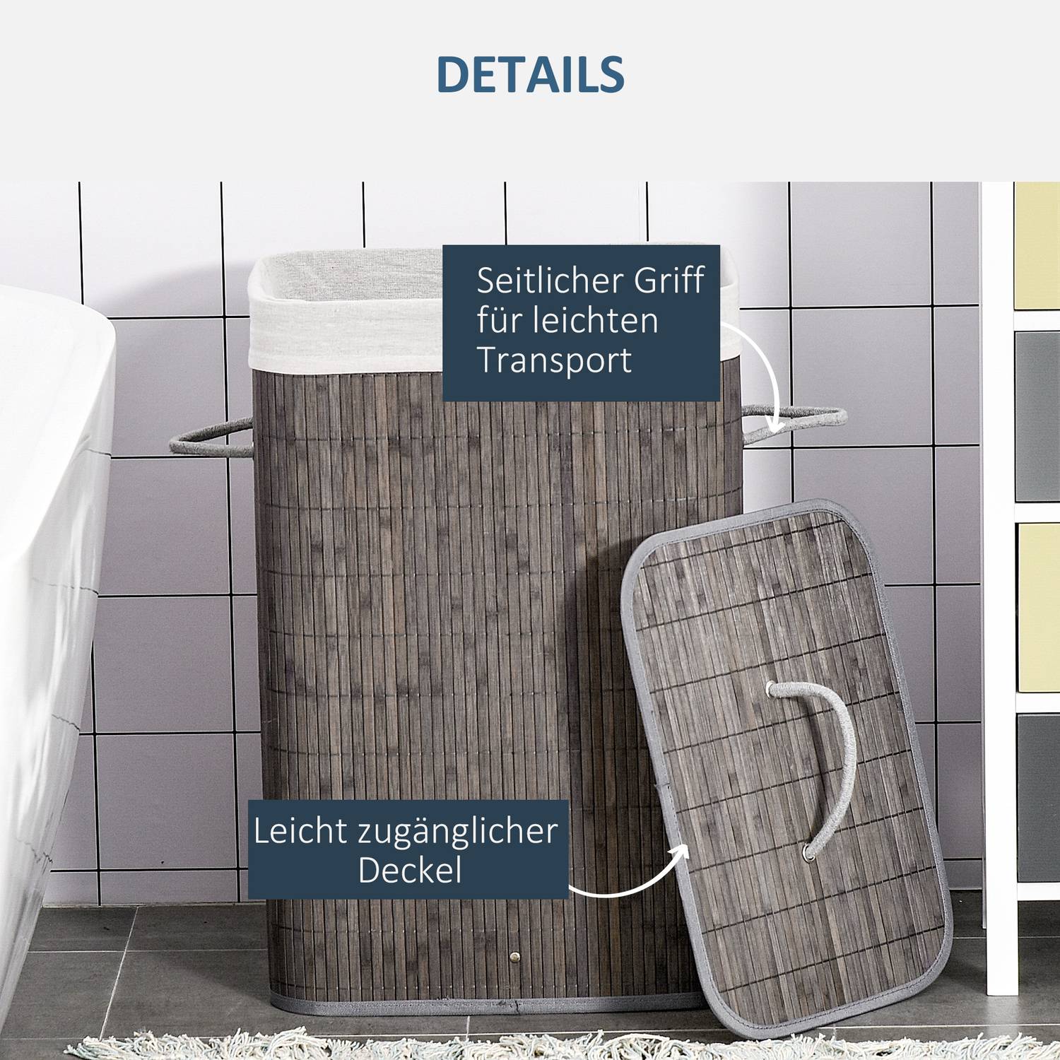 Smal 83L bambu tvättkorg med lock, avtagbar påse