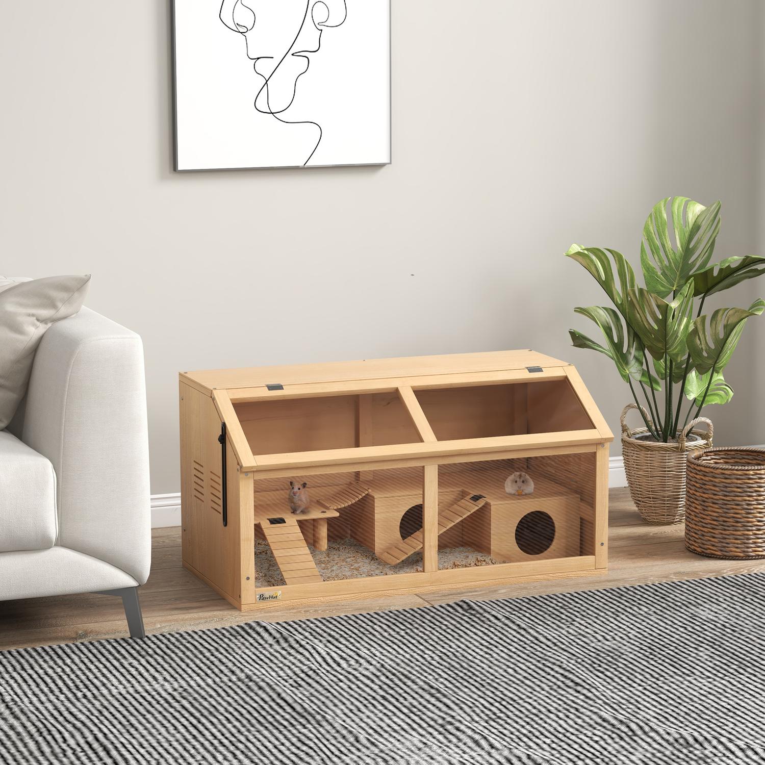 Smådjursbur i trä med bro, stegar, hydda – 84x45x44 cm