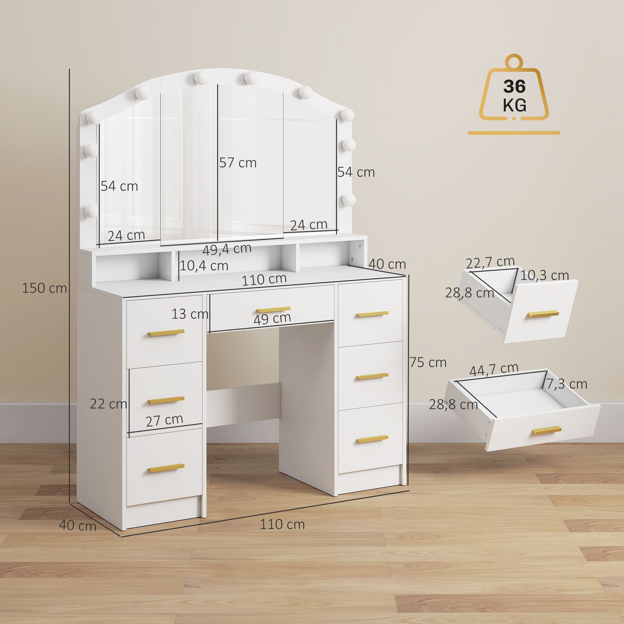 Sminkbord med spegel, 10 LED-lampor, 7 lådor, vit MDF