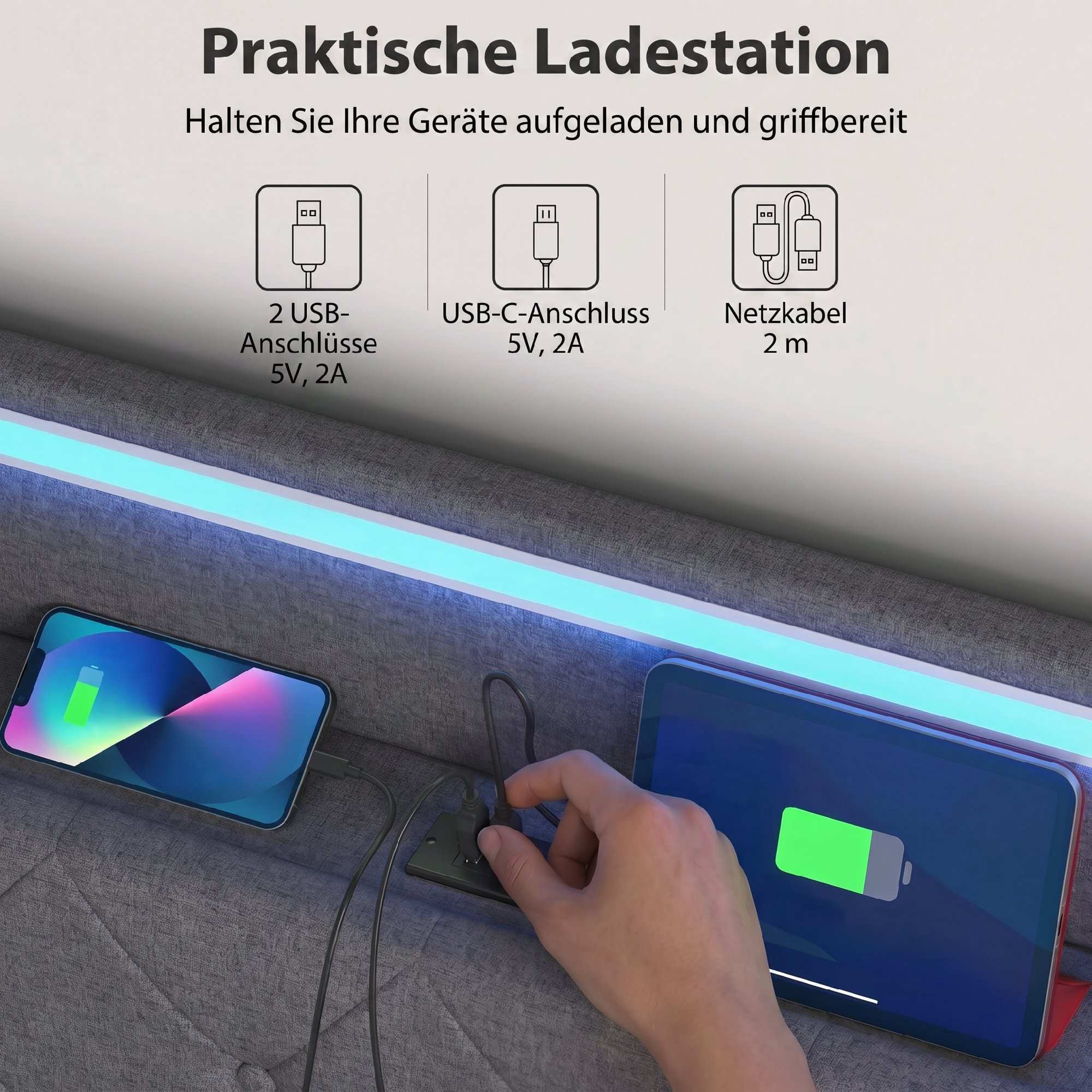 Sängram plattform 140x200 cm med förvaring och LED-lampor