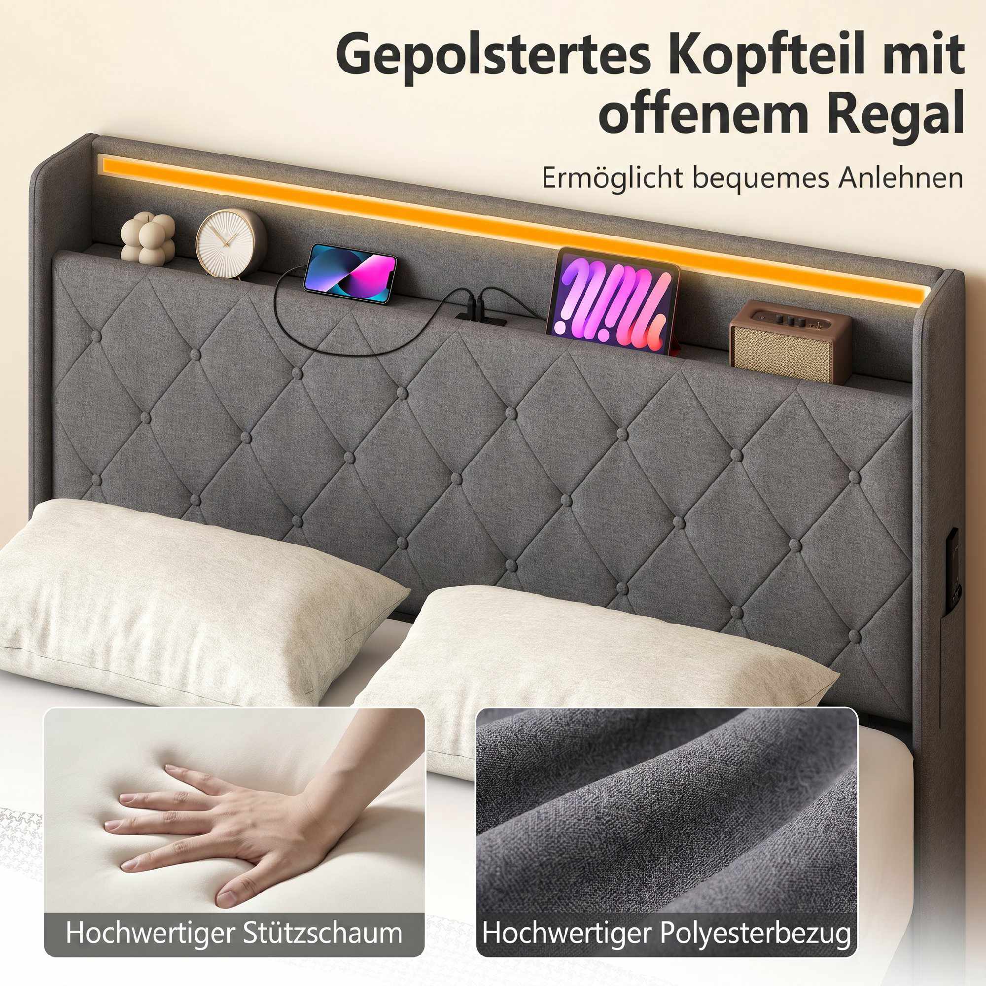 Sängram plattform 140x200 cm med förvaring och LED-lampor
