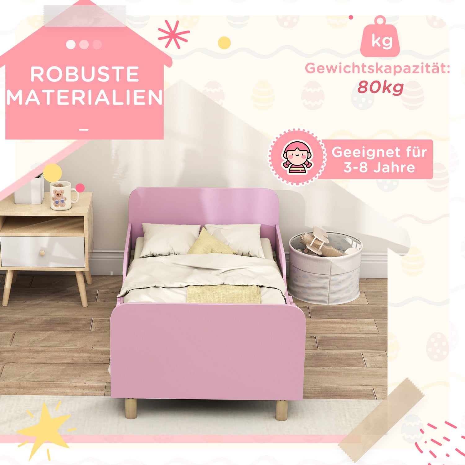 Sängstomme för småbarn med skyddsräcke, rosa MDF, 3-8 år