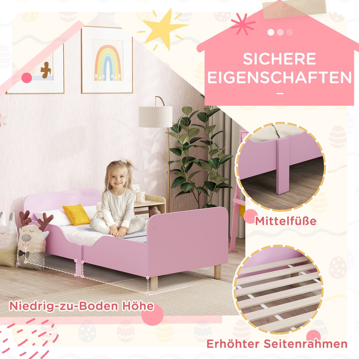 Sängstomme för småbarn med skyddsräcke, rosa MDF, 3-8 år