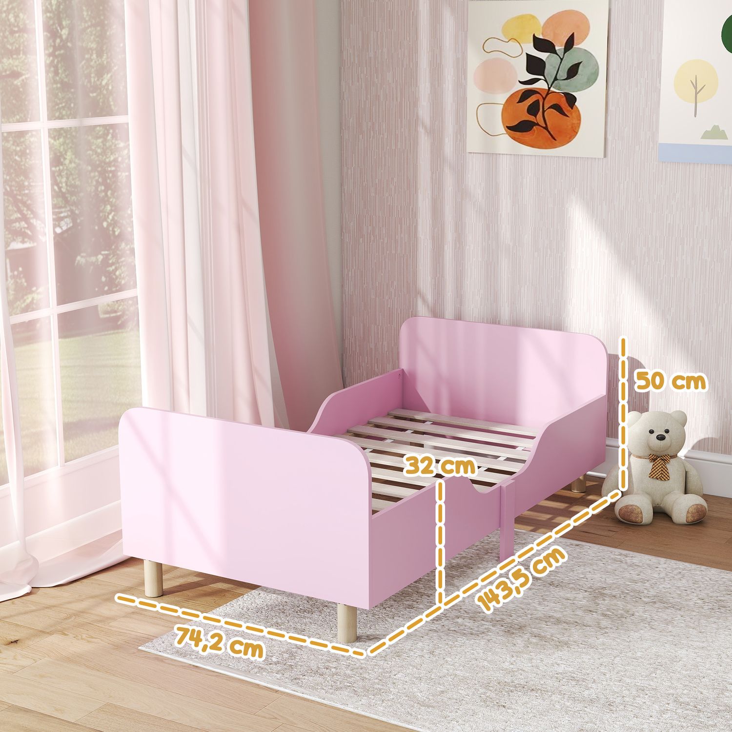 Sängstomme för småbarn med skyddsräcke, rosa MDF, 3-8 år