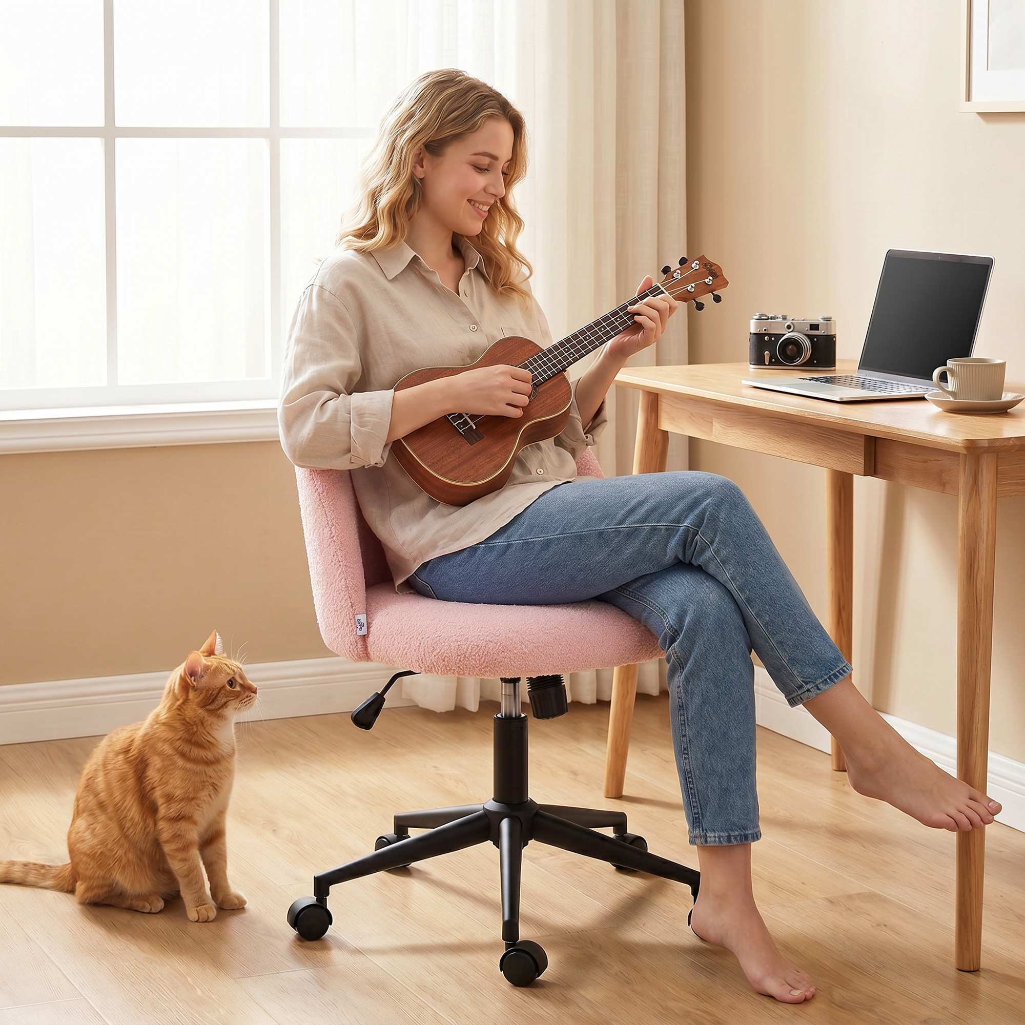 Snurrstol för kontor, rosa teddyfleece, höjdjusterbar