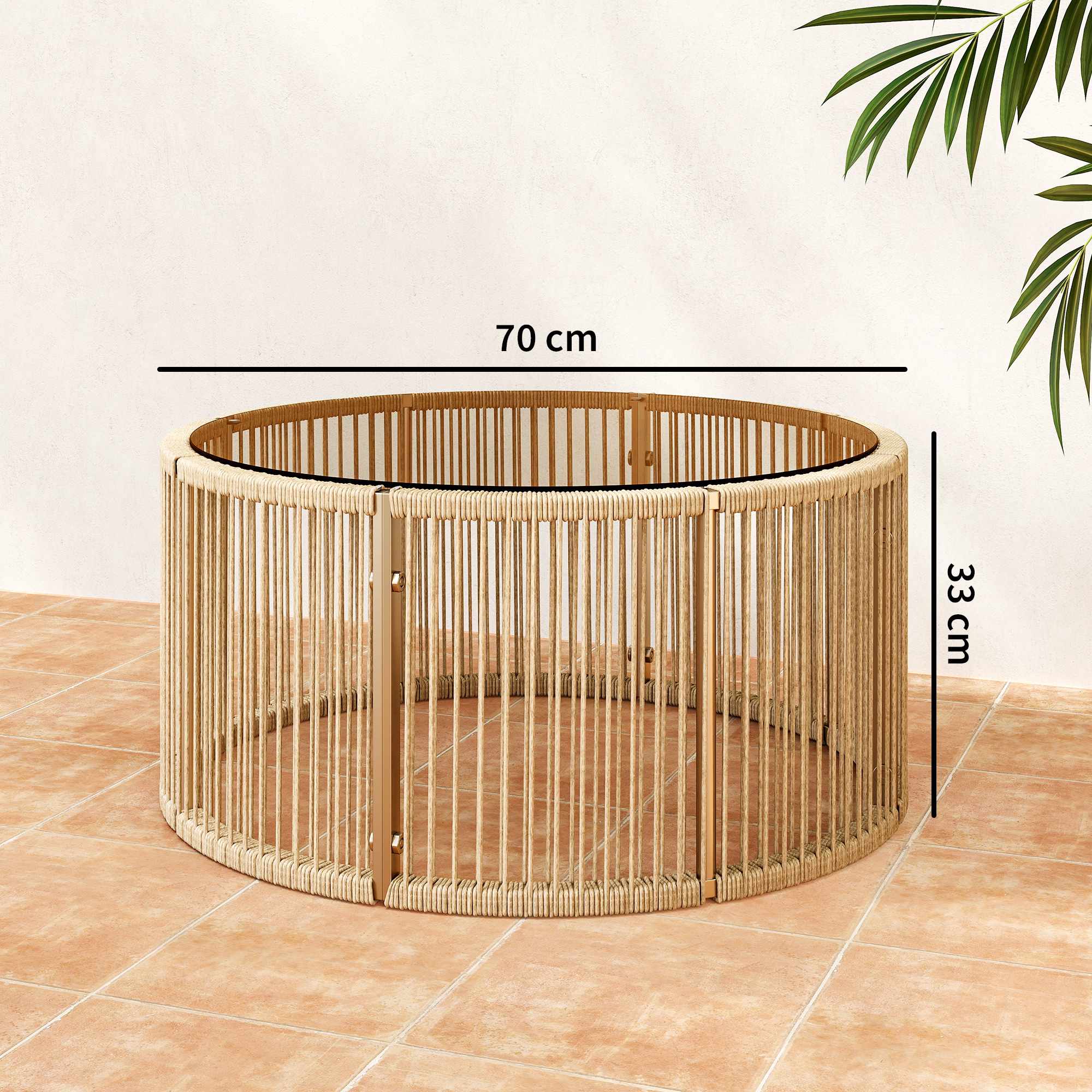 Soffbord i polyrotting med glasskiva, 70x70x33 cm, brunt