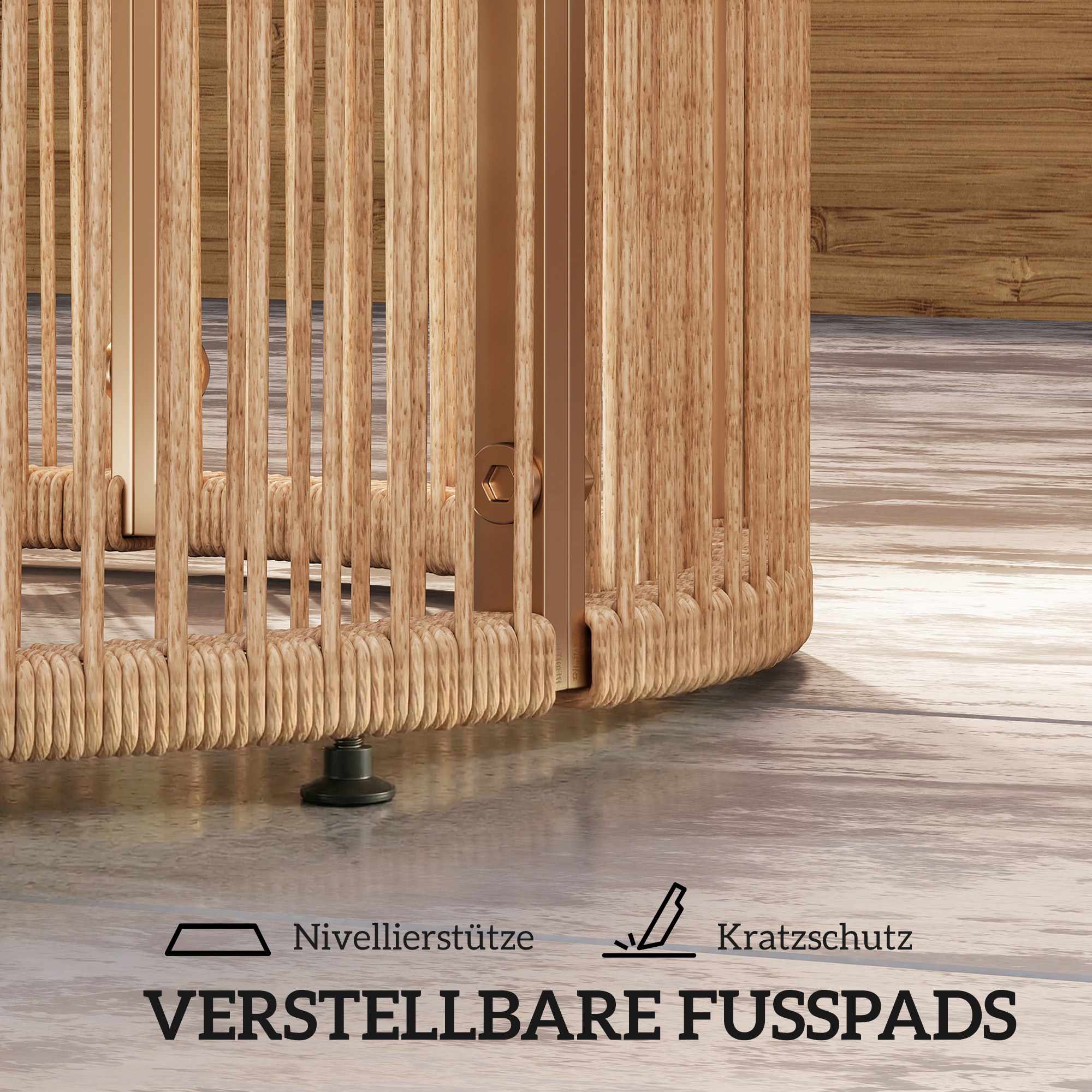 Soffbord i polyrotting med glasskiva, 70x70x33 cm, brunt