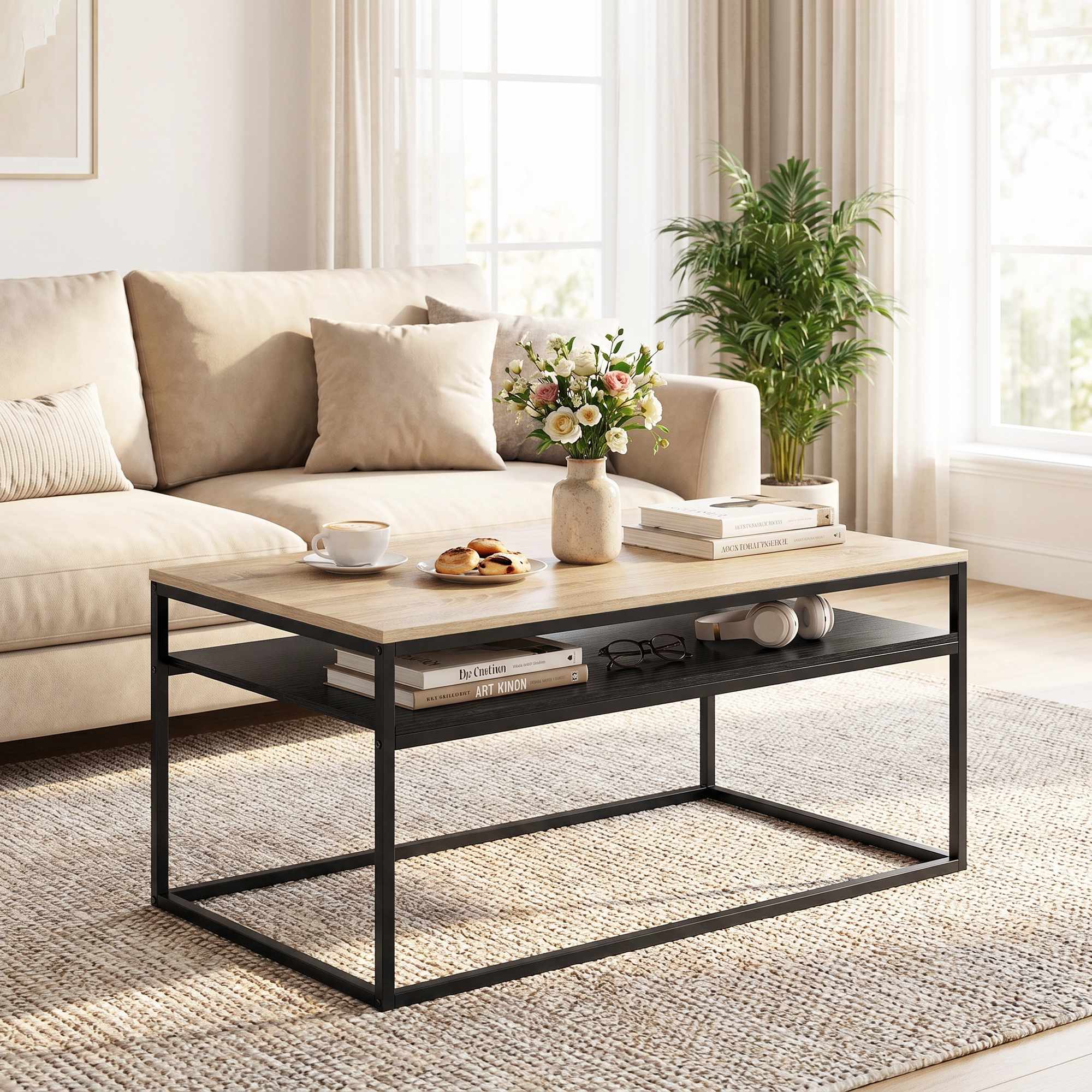 Soffbord med hyllplan, eklook och svart, 100 cm