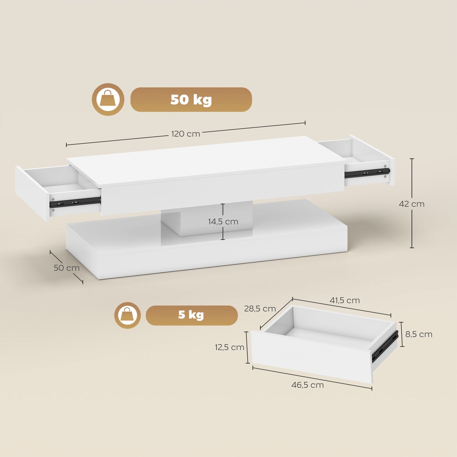 Soffbord med lådor och LED-lampor, vit MDF