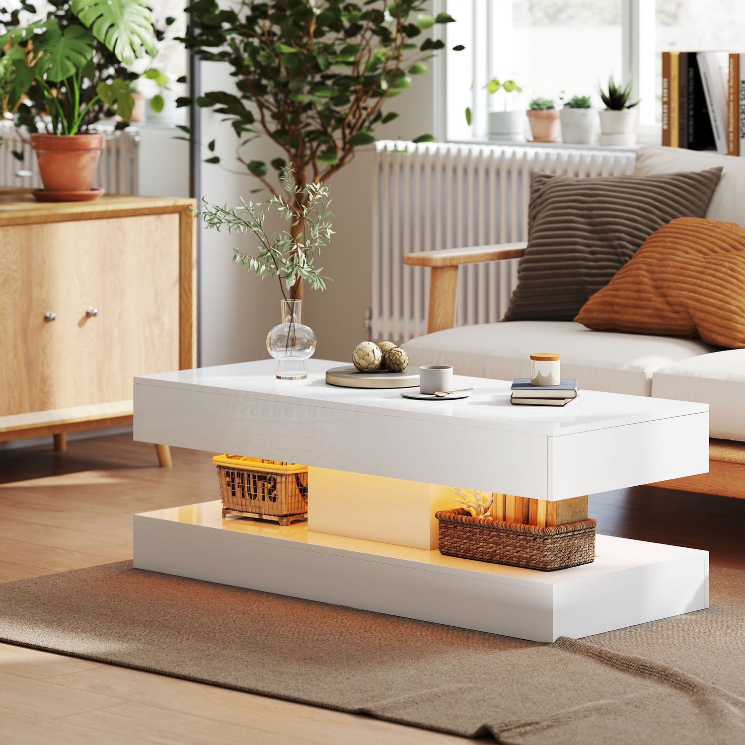 Soffbord med lådor och LED-lampor, vit MDF