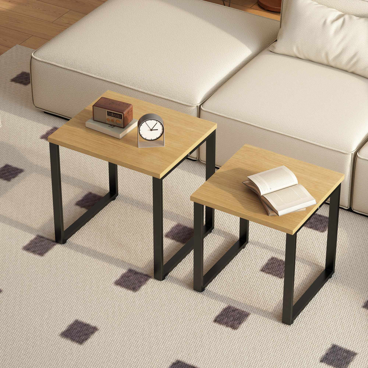 Soffbordsset om 2, träliknande, metallram, stapelbar design