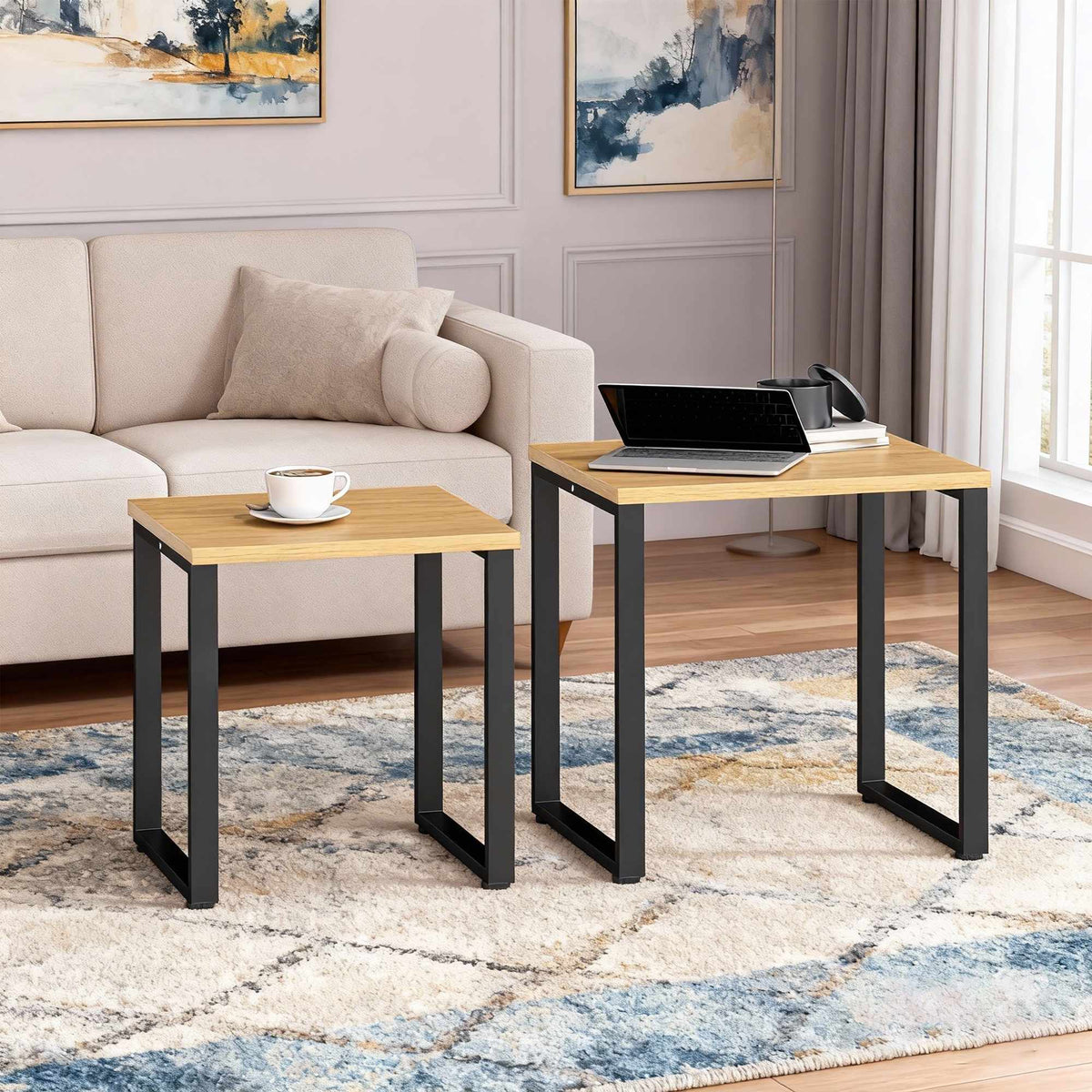 Soffbordsset om 2, träliknande, metallram, stapelbar design