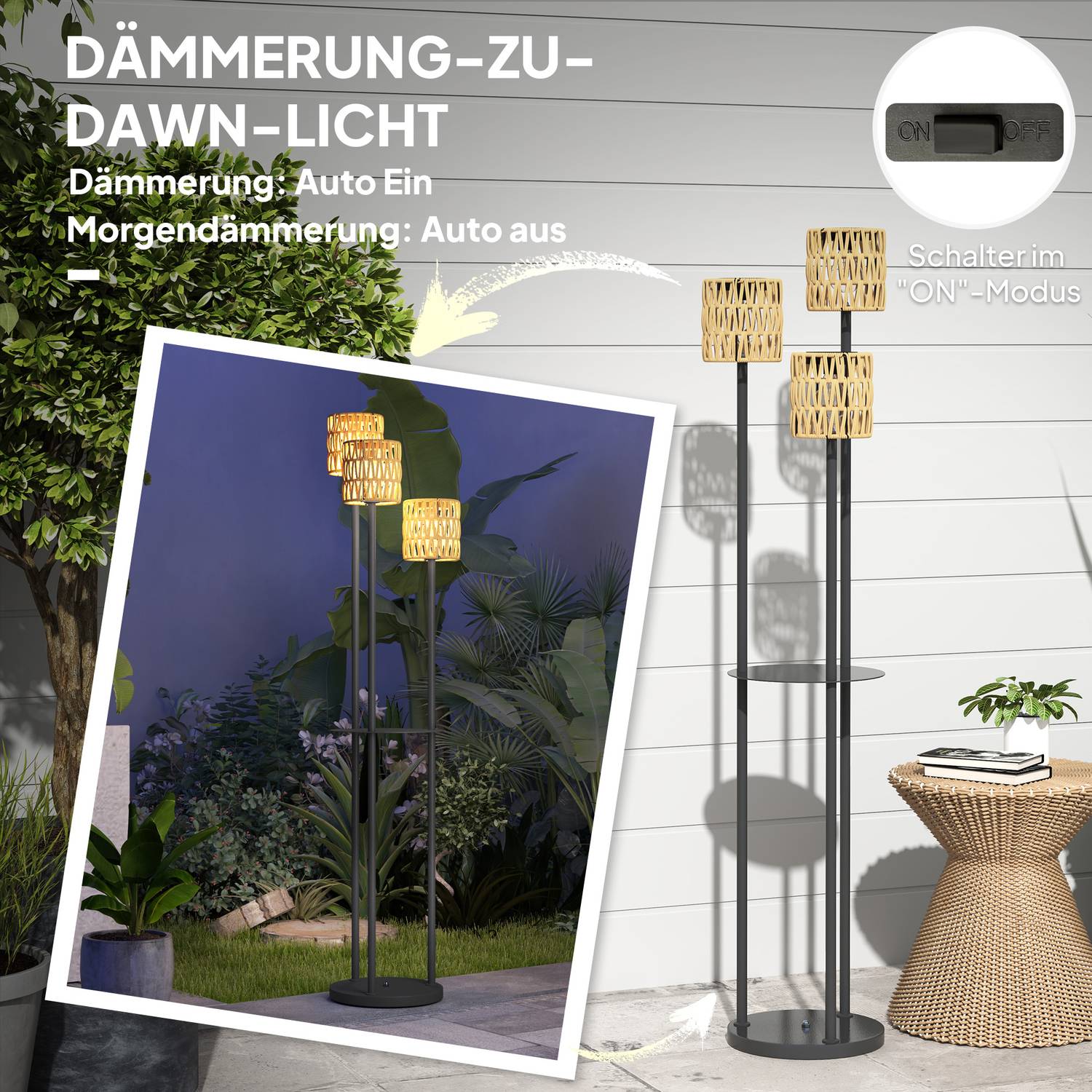 Solar golvlampa, rotting, Boho Style, utomhus, IP44 vattentät