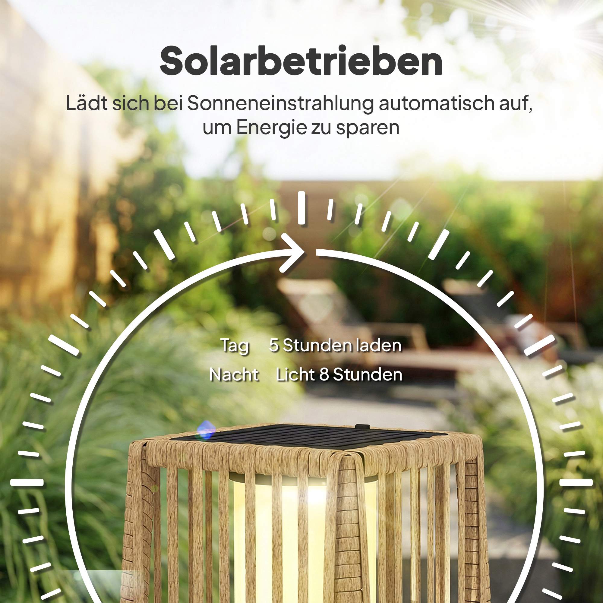 Solcellslampa i rotting, utomhus, IP44, automatisk på/av, 68 cm