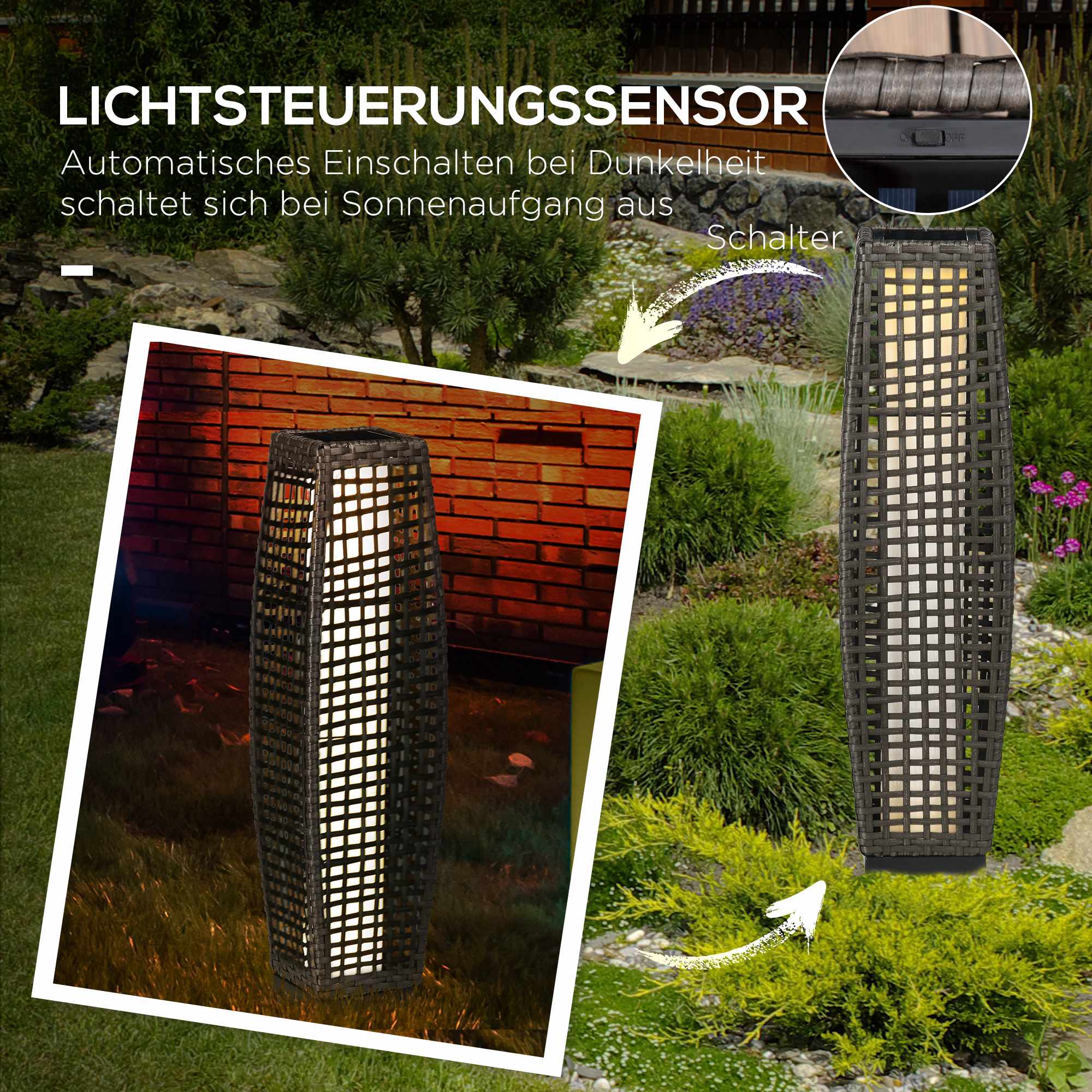 Solcellslykta för trädgården, LED, rottingdesign, automatisk på/av