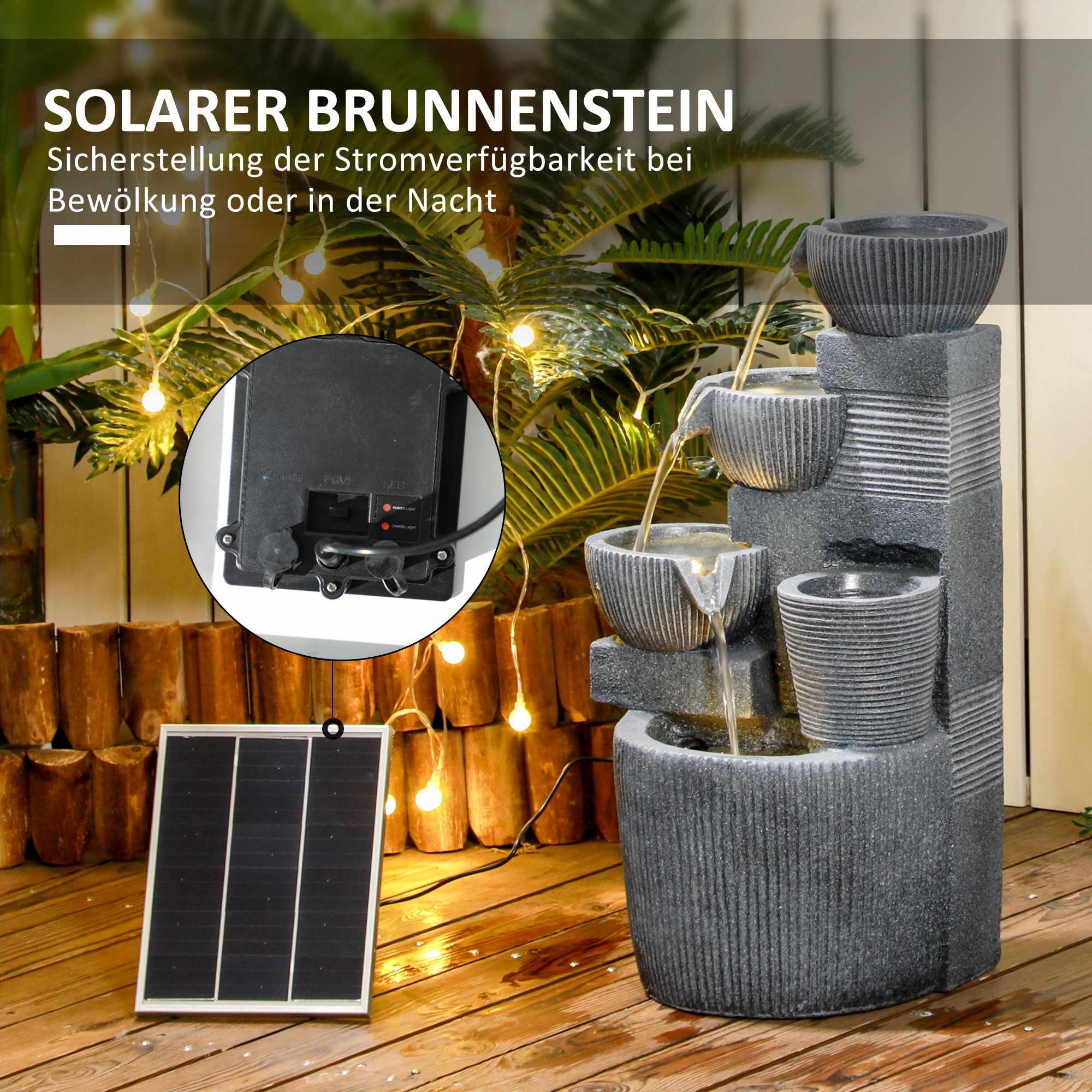 Soldriven trädgårdsfontän i 4 nivåer med LED-lampor
