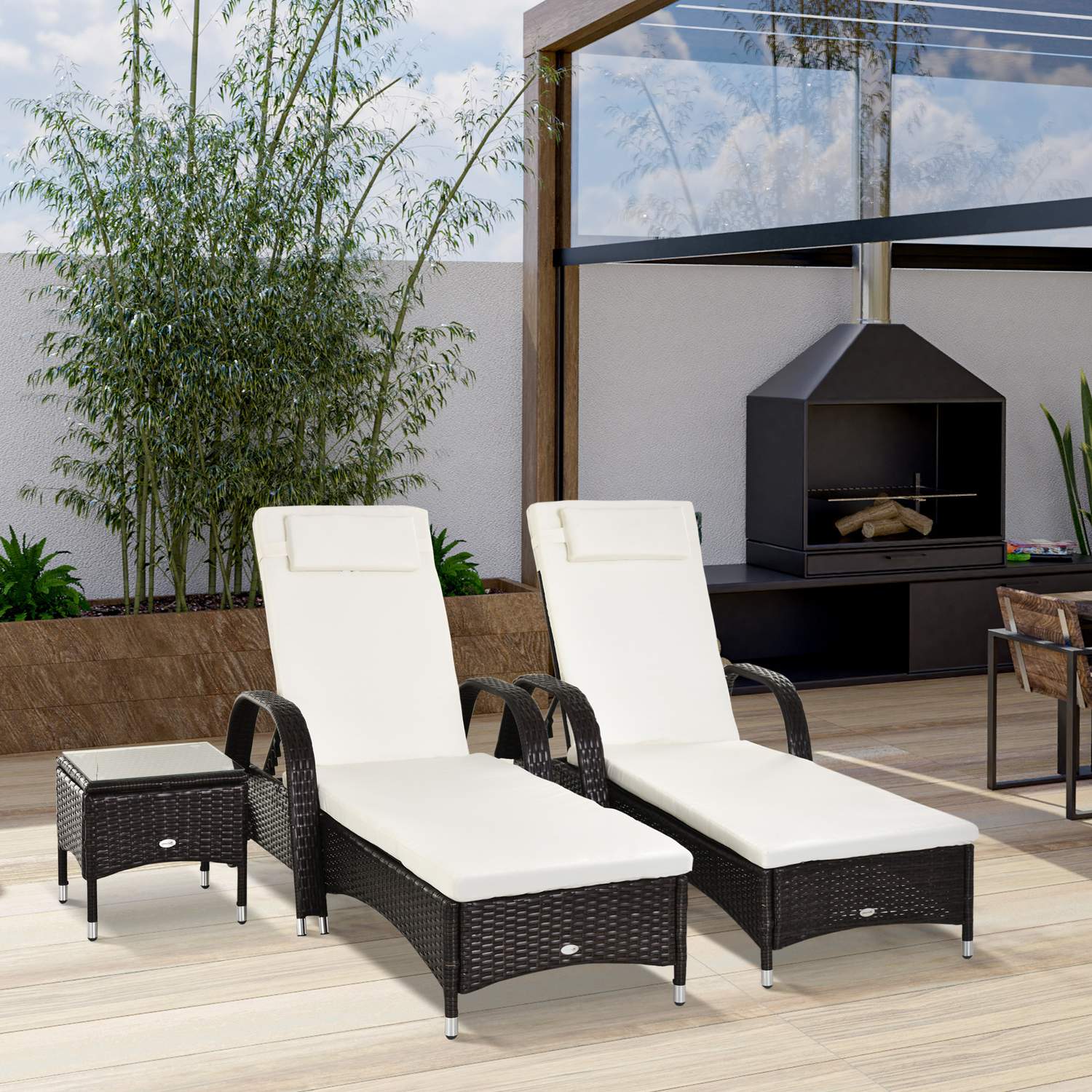 Solstol & bordsset i polyrattan, brun/gräddvit