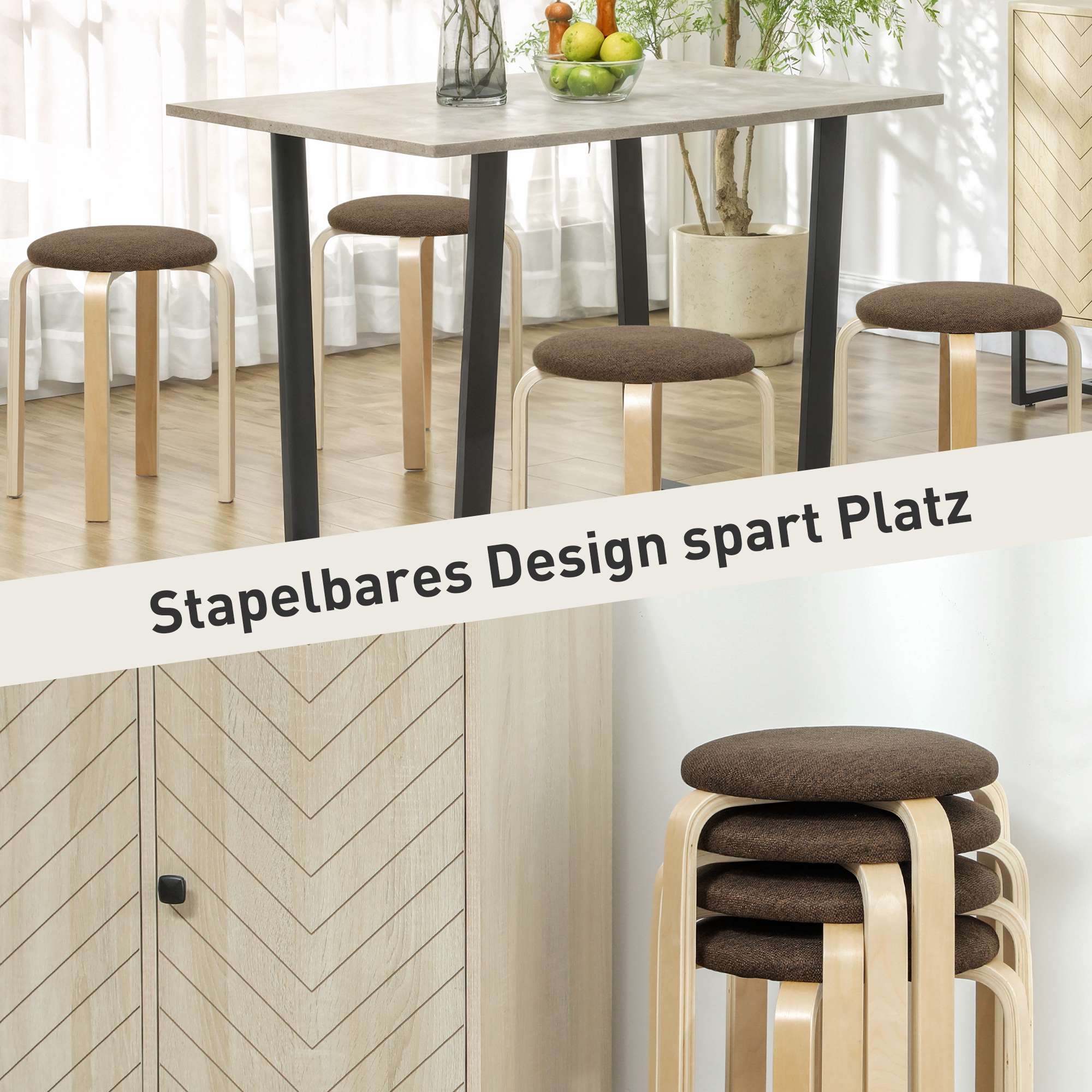Stapelbara stoppade pallar, set om 4, träben, brun