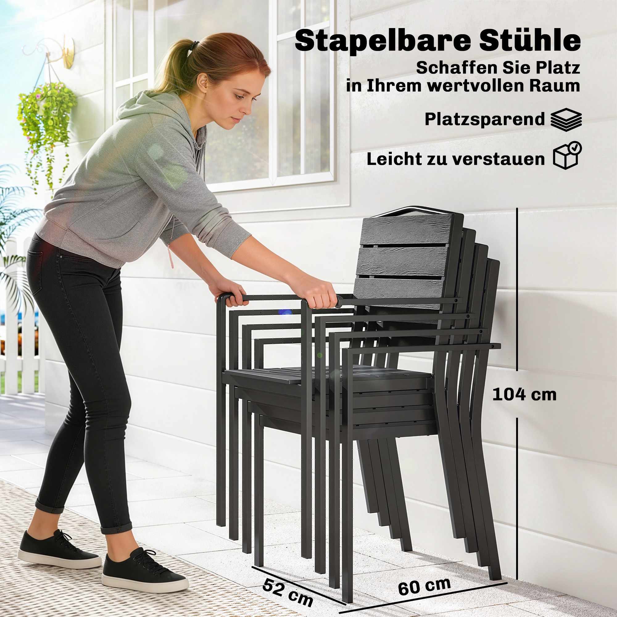 Stapelbara utomhusstolar, set om 4, svart, HDPE, 52x51x90 cm