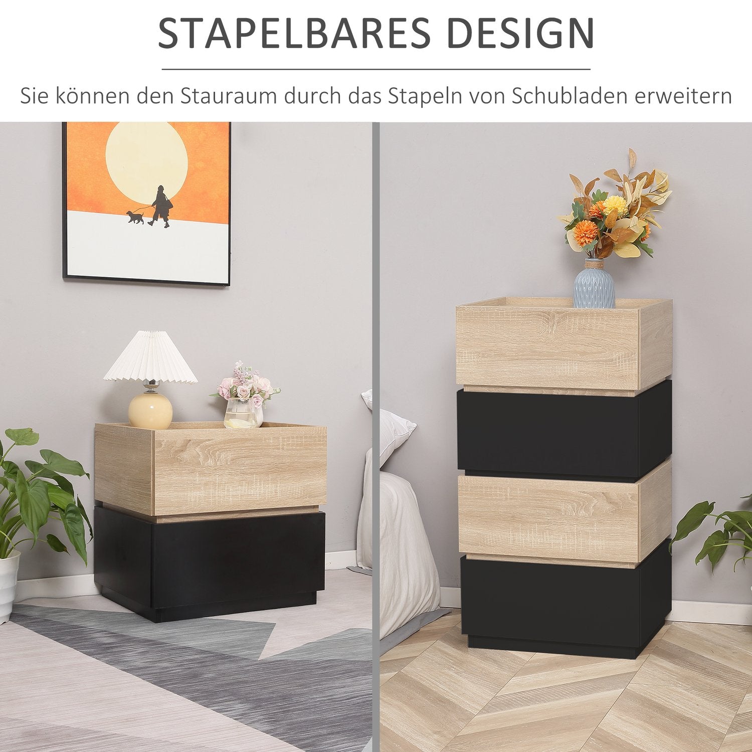 Stapelbart Black & Natural Nattduksbord, 50x40x47,5 cm