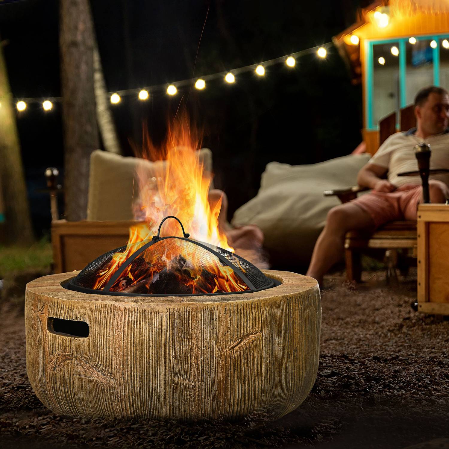 Steel Fire Pit Bowl med lock & poker för trädgårdscamping