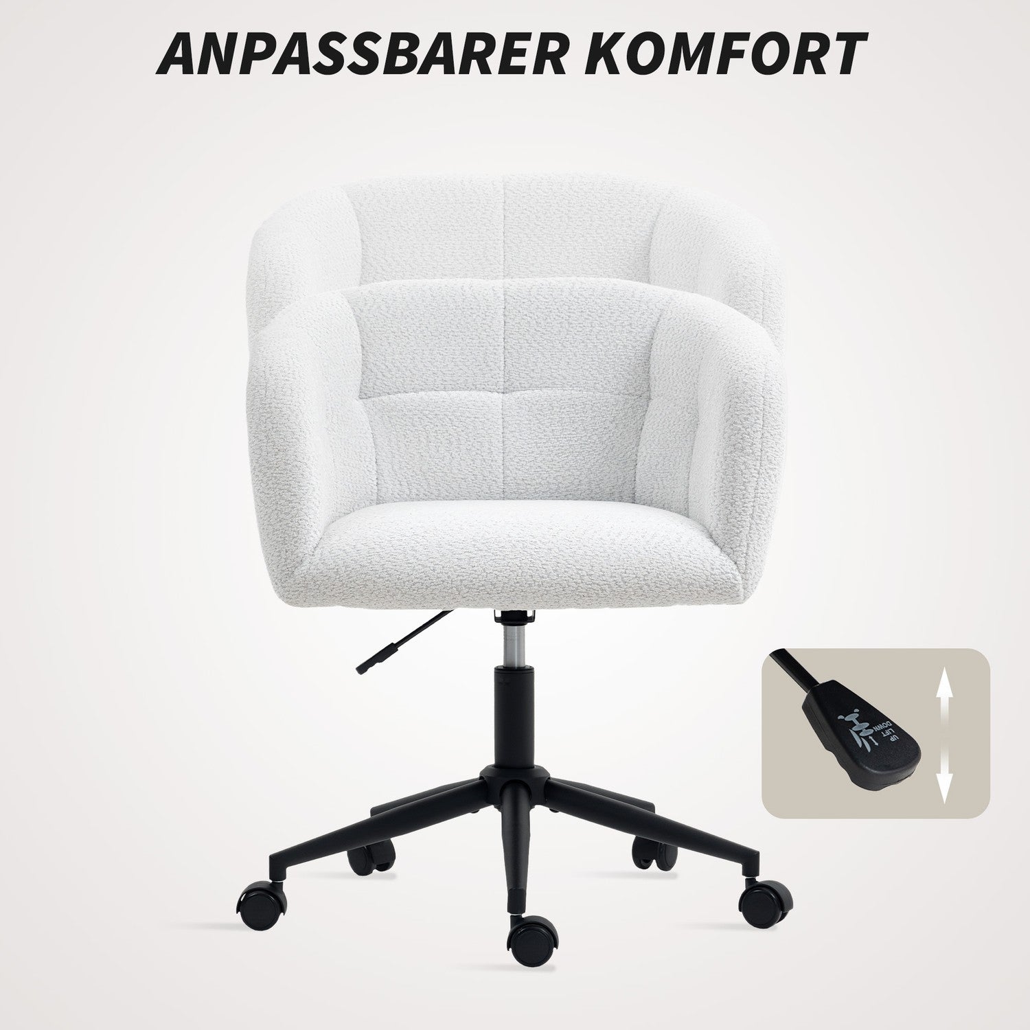 Stoppad kontorsstol, plyschöverdrag, badkarsdesign, krämfärgad/svart