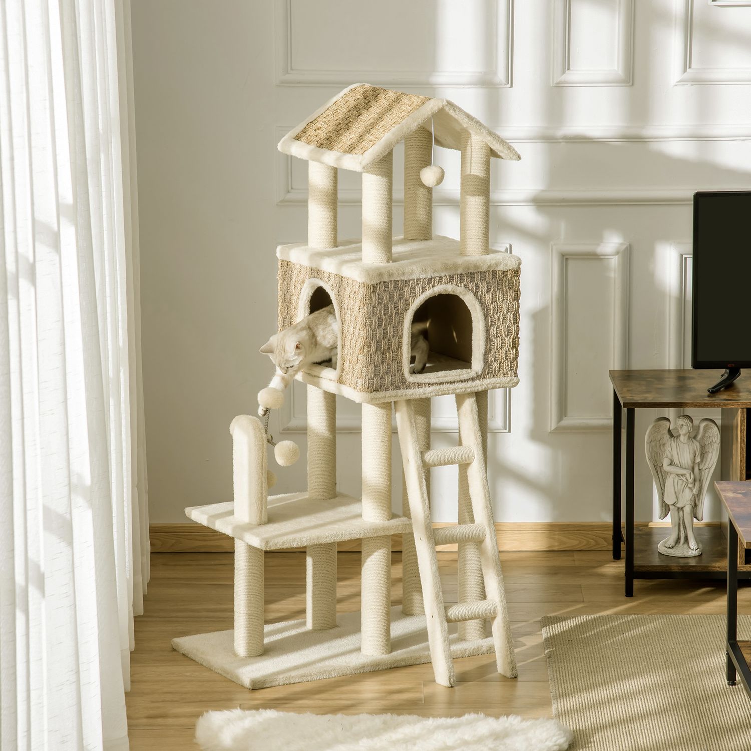 Stor kattskrapstolpe med grotta och leksaker – 130 cm