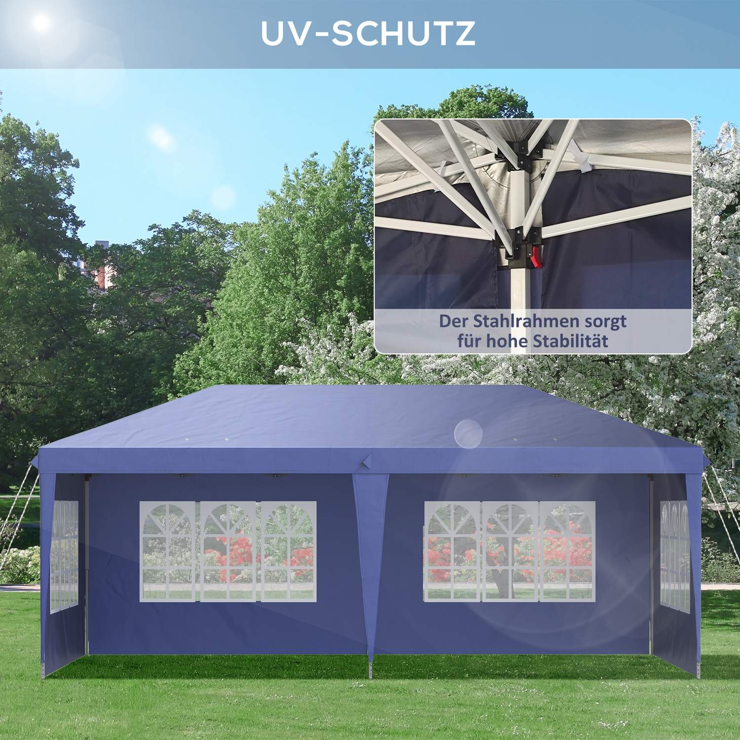 Stort pop-up partytält med UV-skydd, blått, 2,95 x 5,85 m