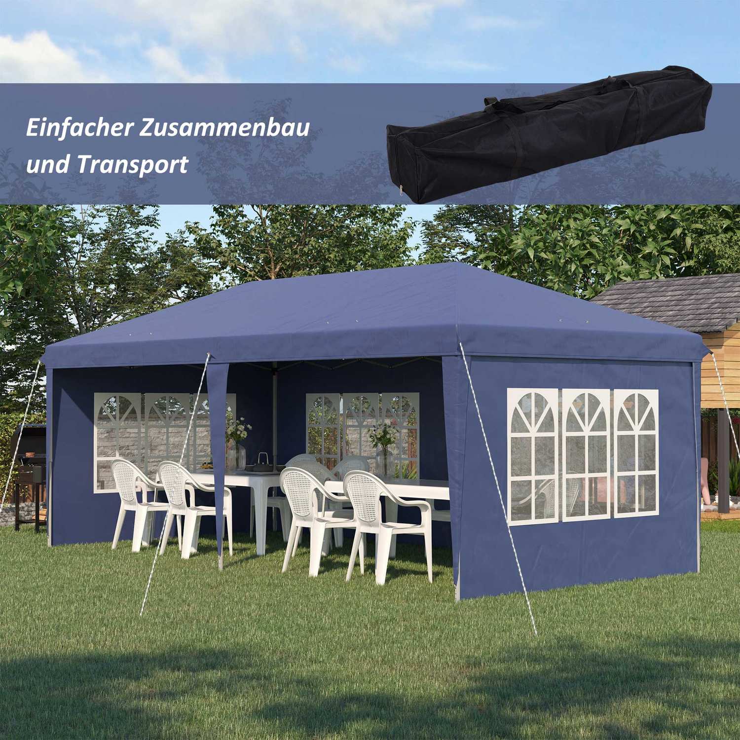 Stort pop-up partytält med UV-skydd, blått, 2,95 x 5,85 m