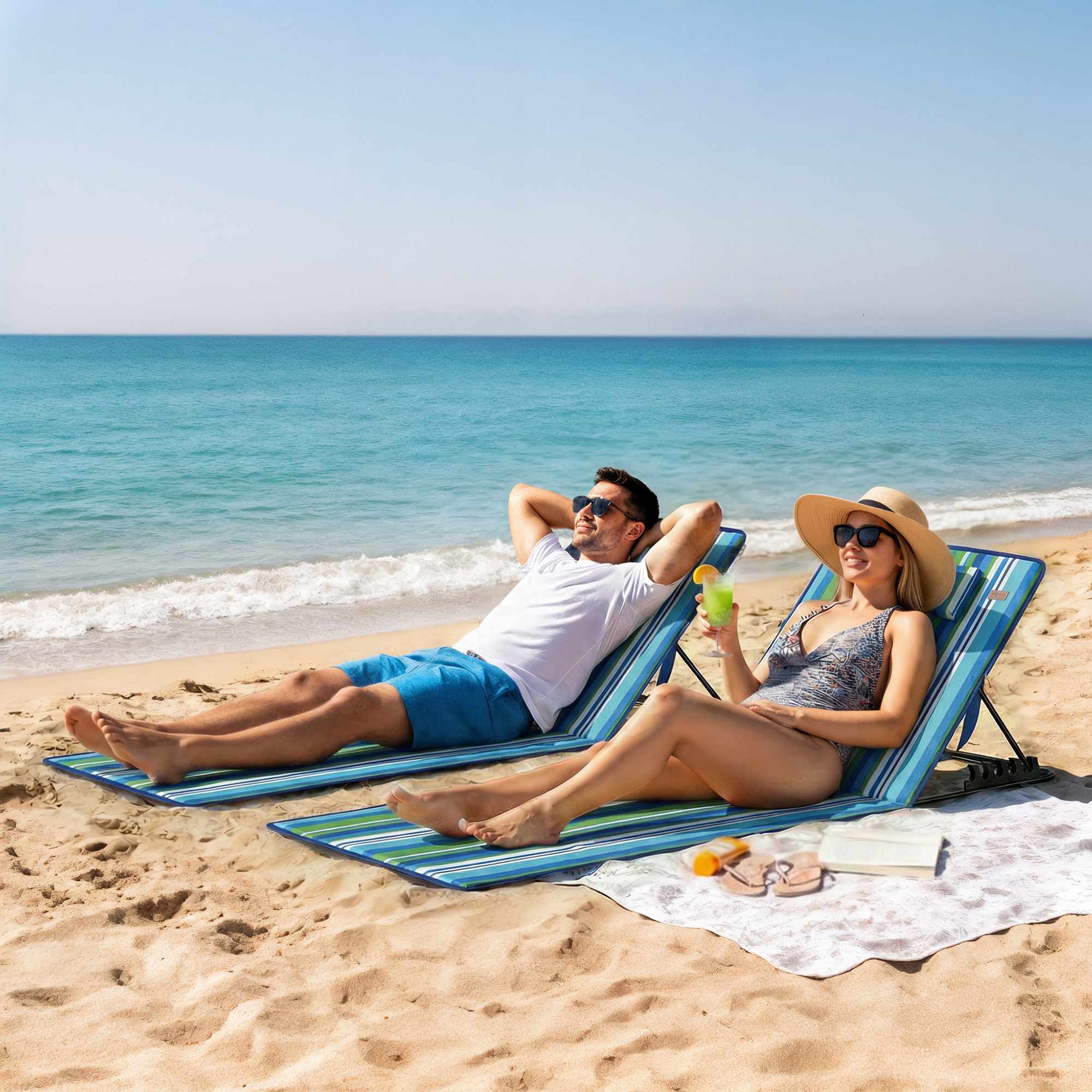Strandloungeset med 2 st med justerbart ryggstöd och kudde