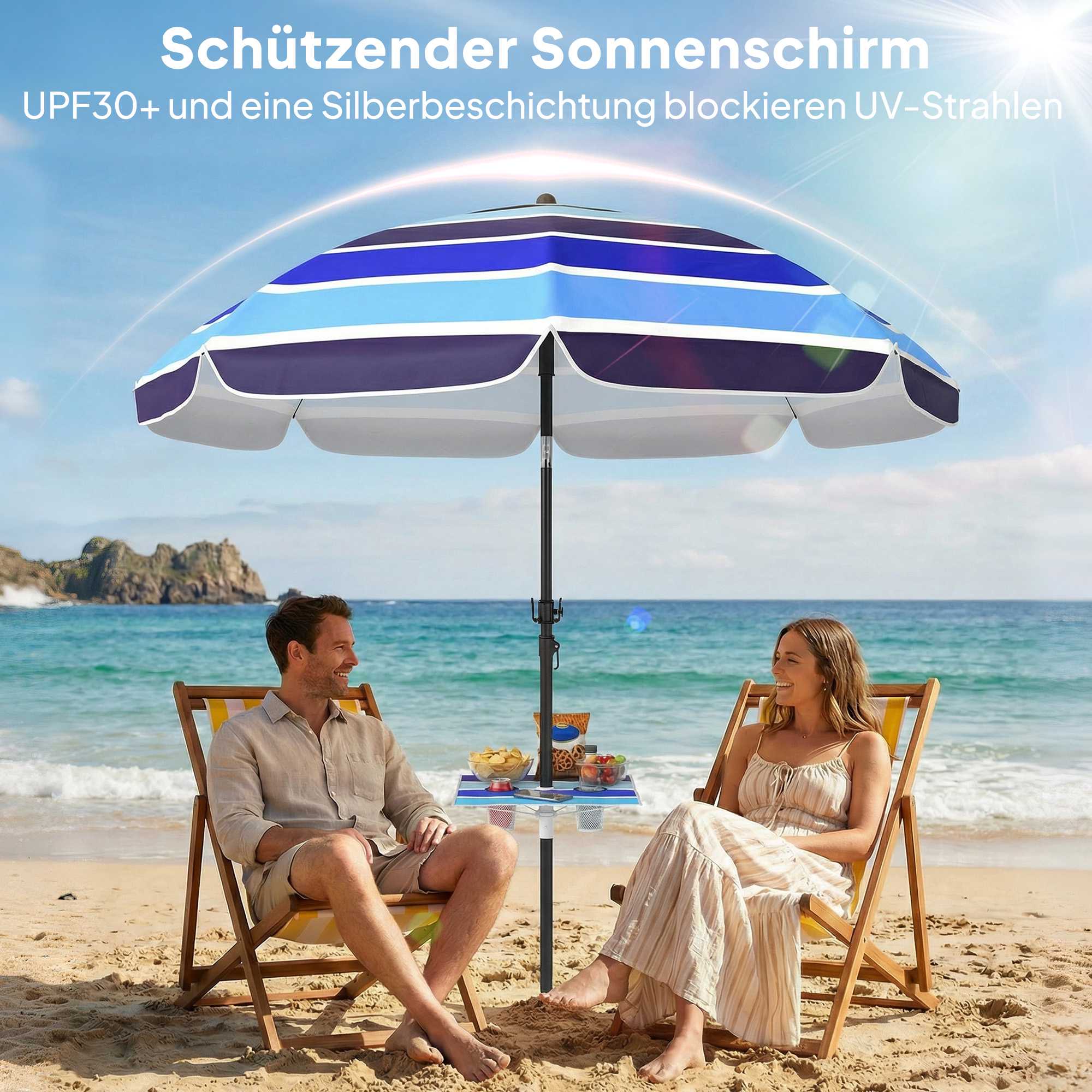 Strandparasoll med bord, UV30+, justerbar lutning