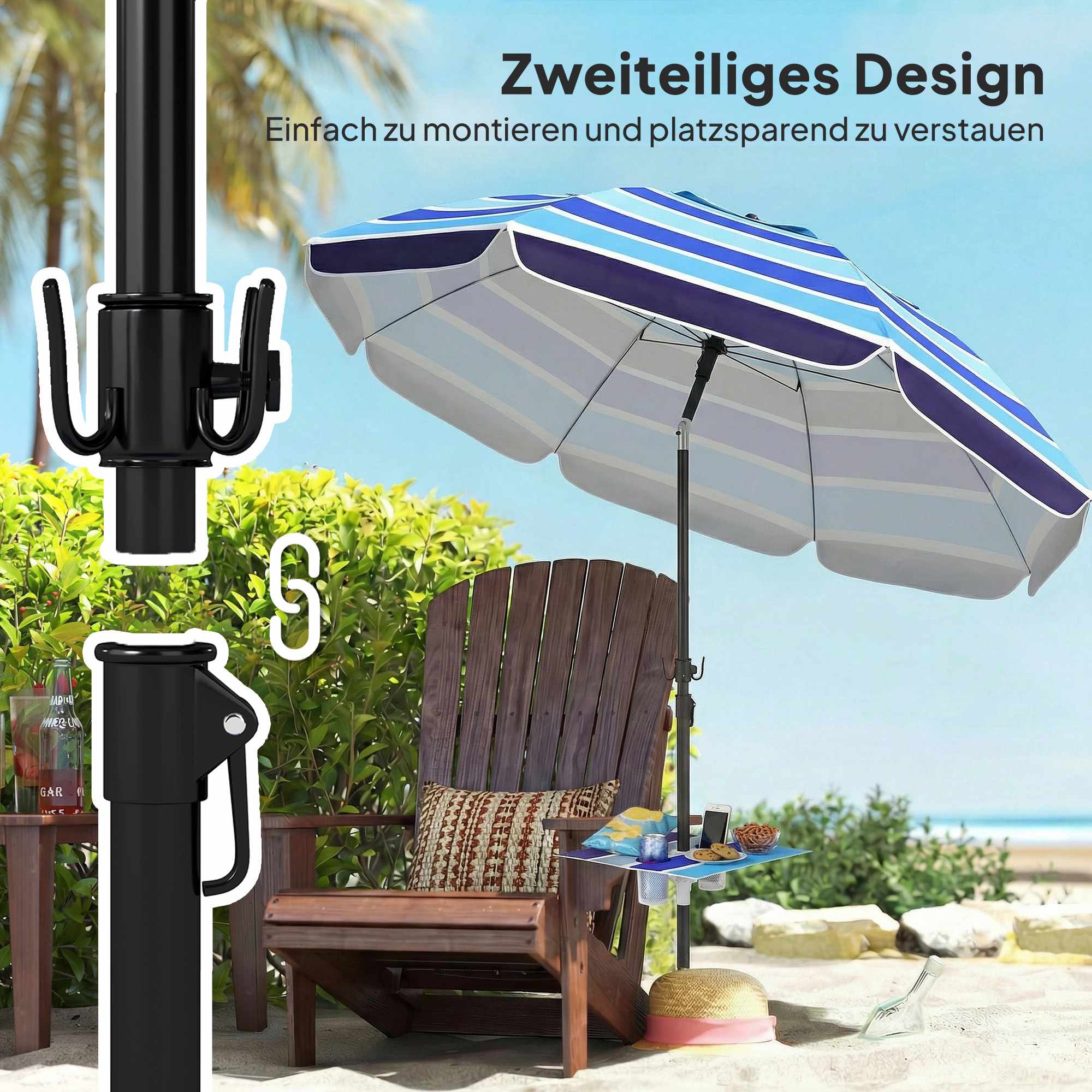Strandparasoll med bord, UV30+, justerbar lutning