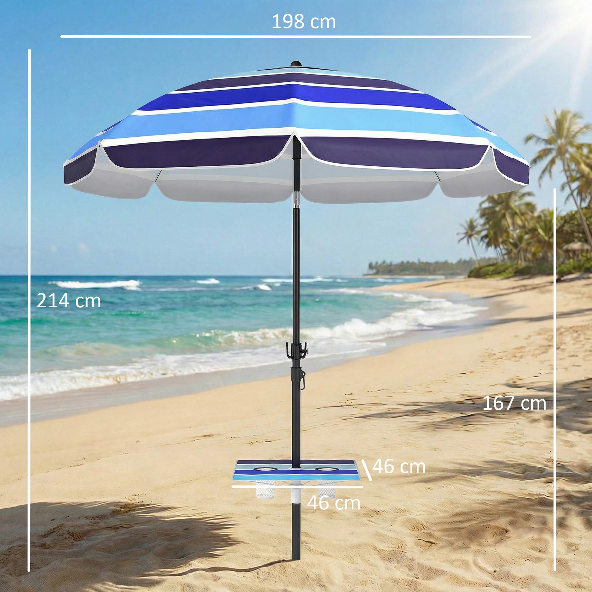 Strandparasoll med bord, UV30+, justerbar lutning