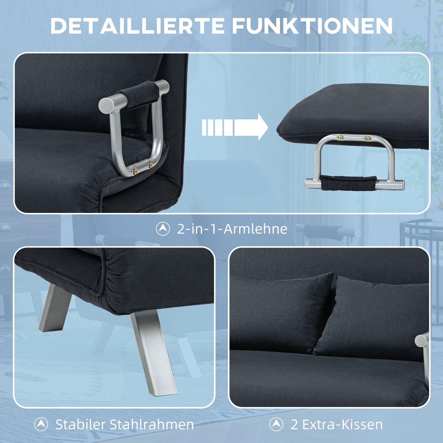 Svart 2-sits bäddsoffa, justerbart ryggstöd, sammetsfinish