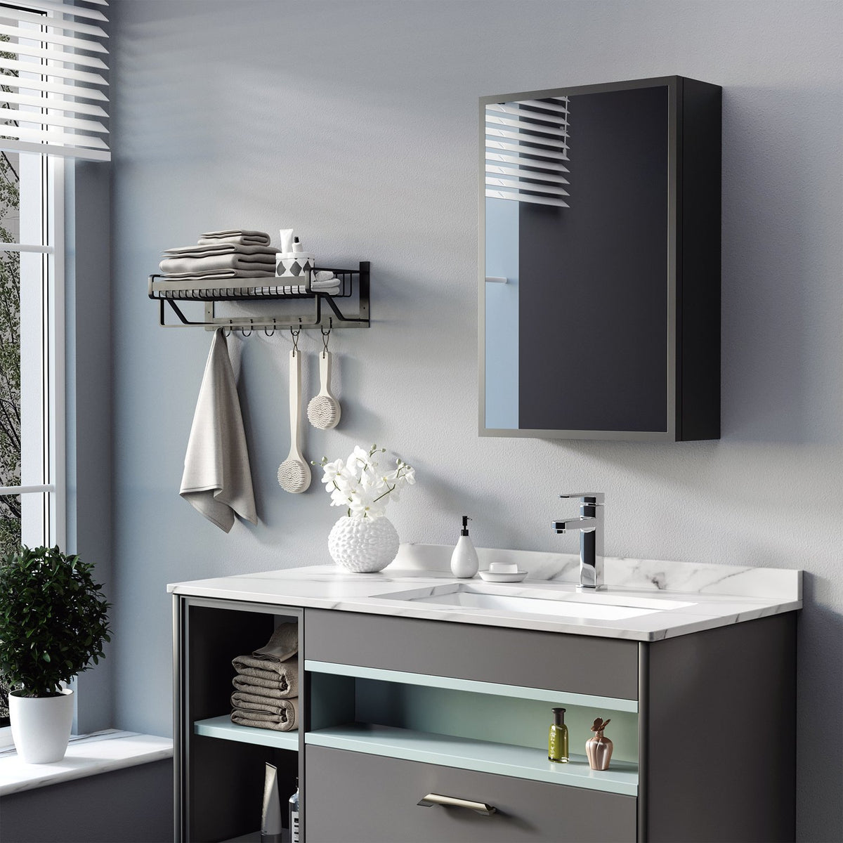 Pensile nero con specchio e 3 ripiani per bagno