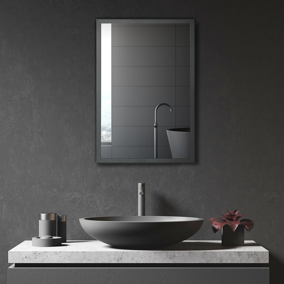 Armoire murale de salle de bain noire, miroir & rangement, 3 étages